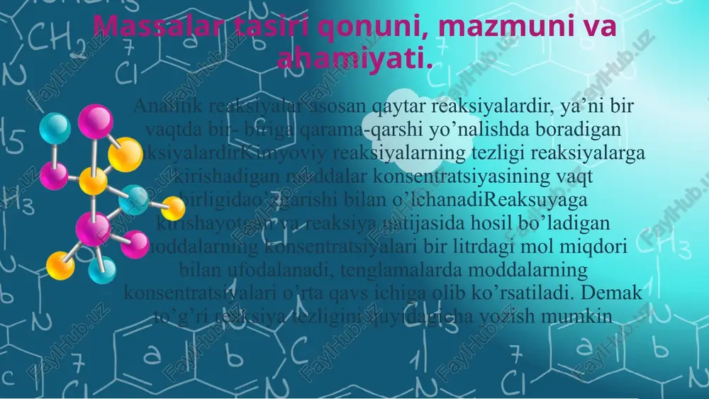 os kationi va kuchsiz kislota anionlaridan hosil bo‘lgan tuzning gidrolizi ch3coo- + nh4+ + h2o ↔ ch3cooh + nh4oh ct – cg ct cg cg cg ct >> cg gidrolitik muvozanat doimiysini surat va maxrajini suvning ion kopaymasiga kw kopaytirib, [ch3cooh]·[nh4oh] [h+]·[oh-] kw kg = -------------------------------------------------- · ------------------------- = ------------- [ch3coo-]·[nh4+] [h+]·[oh-] kk· ka kg = kw / kk· ka kuchsiz kislota anioni va kuchsiz asos kationidan hosil bo‘lgan tuzlar deyarli to‘liq gidrolizlanadi: h 1 kg =cg·cg /(ct – cg) 2=ct2h2/ct2(1–h)2=h2 /(1– h)2 ya’ni h2/1–h=√kg h = (1– h) √kg= √kg – h√kg h + h√kg= √kg h(1+√kg)= √kg h = √kg / 1 + √kg tuzlarning ph va poh qiymatlari. gidrolizlanuvchi tuzlar eritmalarining ph va poh qiymatlarini hisoblash. 9 10 gidroliz turlariga misollar. kuchsiz kislota bilan kuchli asosdan hosil bo‘lgan barcha tuzlar gidrolizga uchraydi. ular eritmada ishqoriy muhit hosil qiladi. (ph>7) ch3coona kuchli kislota bilan kuchsiz asosdan hosil bo‘lgan …
