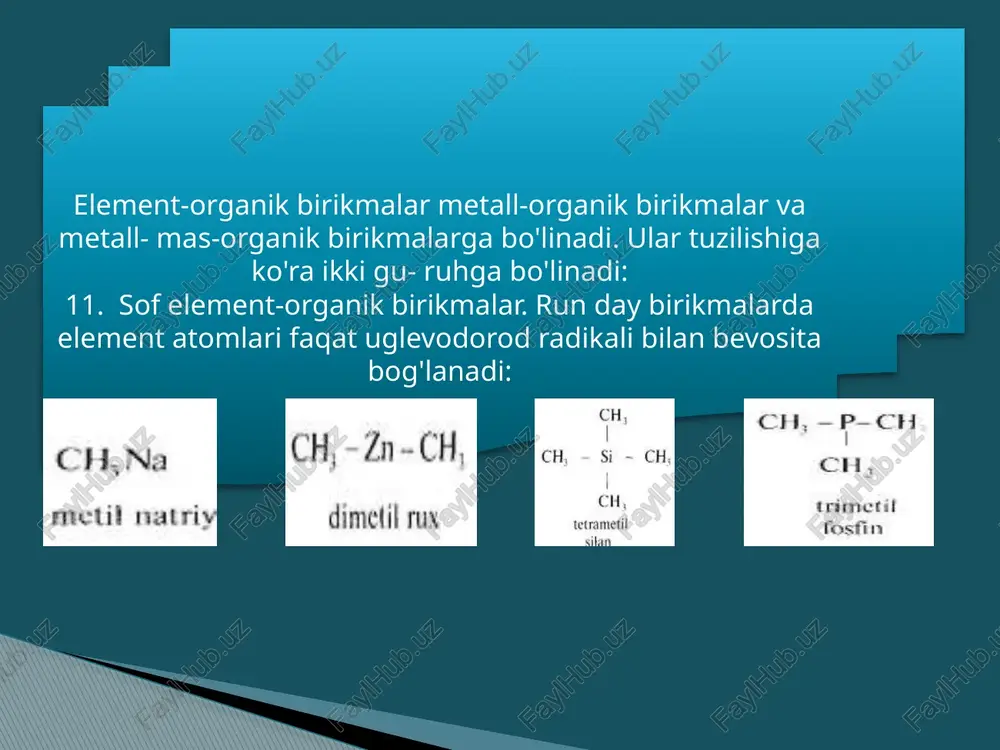 lekin xelatlovchi amin – tmeda qo’shilganida oson metallanadi. aromatik arh uglevodorodning li metali bilan dietil efiridagi ta’siridan yorqin rangli, paramagnit xossali lob [ar]–li+ hosil bo’ladi: benzil- va allillitiylar olishda qo’shimcha reaksiyalar ketmasligi uchun efirlardan foydalaniladi: sulfidlar efirlarga nisbatan oson qaytariladi: to’yingan alkillitiy birikmalari alkilgalogenidlarning li metali bilan to’g’ridan-to’g’ri ta’sirlashishi natijasida hosil bo’ladi: harakatchan vodorod (masalan, diizopropilaminda) litiyga almashtirilishi ham mumkin: lob ta’sirida ch-kislotalarni metallash brenstedning kislota-asos reaksiyasi turiga kiradi. reaksiyada alkillitiy birikmalari asos sifatida qatnashadi: arenlar, olefinlar va boshqa ch-kislotalarni metallash reaksiyasi kislota va asos orasidagi pka farqi qanchalik katta bo’lsa, shunchalik oson boradi (muvozanat o’ngga siljiydi): aromatik substrat tarkibidagi elektronaktseptor (-i) o’rinbosarlar ta’sirida metallash orto-holatda sodir bo’ladi. bu nafaqat o’rinbosarning induktsion ta’siri, balki uning metall bilan koordinatsion bog’ hosil qilishi tufayli ham reaksiya shu yo’nalishda boradi: ko’pgina elementorganik birikmalarga li metali yoki alkillitiy ta’sir qilinganda, ular lob hosil qilib parchalanadi: rnm + nli nrli + m yoki rnm + …