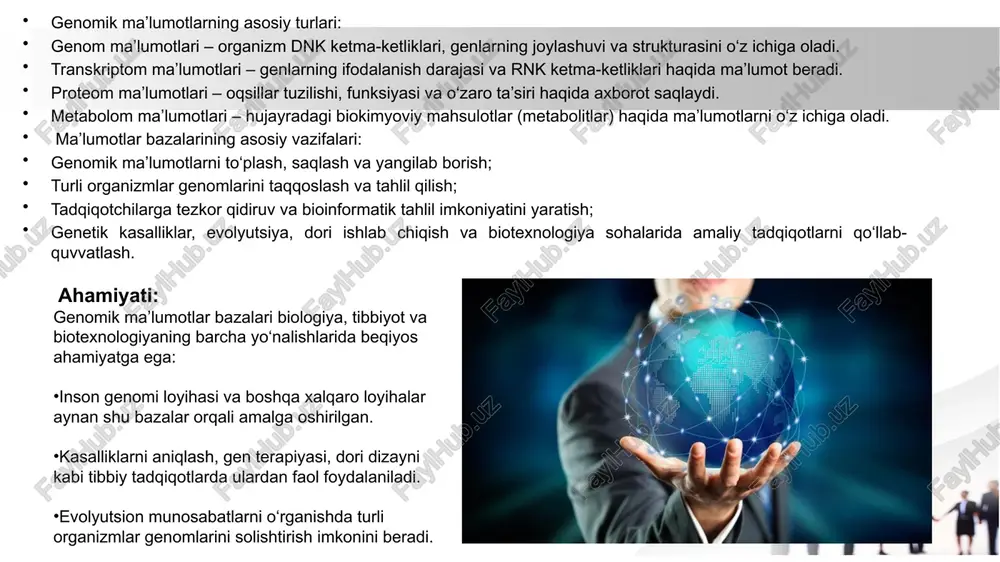 oqlari ma’lumotlarini birlashtiradi. ensembl loyihasi aynan shu institut tomonidan boshqariladi. tadqiqotchilar uchun bepul onlayn tahlil vositalarini taqdim etadi. image1.jpeg image2.jpeg image3.jpeg image4.jpeg image5.jpeg /docprops/thumbnail.jpeg