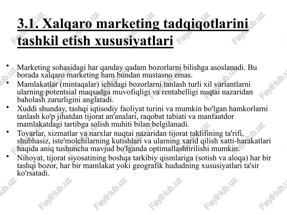 zorini unga ta’sir etuvchi omillar bilan o‘zaro bog‘liqlikda tahlil qilish zarurligini bildiradi; tizimli - bozorni kuzatish va tahlil qilish muntazam va teng ravishda amalga oshirilishi kerak; axborot manbalarining xilma-xilligi - bir emas, balki ko'p ma'lumot manbalarini o'rganish; ilmiy xususiyat - tadqiqotning ob'ektivligi, asosliligi va to'g'riligini anglatadi. marketing tadqiqotlarining metodologik asoslari umumiy ilmiy usullar: • tizim tahlili; • kompleks yondashuv; • maqsadli dasturni rejalashtirish. analitik va bashorat qilish usullari: • chiziqli rejalashtirish; • navbatda turish nazariyasi; • ehtimollar nazariyasi; • ishbilarmonlik o‘yinlari usullari; • tarmoqni rejalashtirish; • iqtisodiy va statistik usullar; • iqtisodiy va matematik modellashtirish; • ekspert baholash usullari. turli bilim sohalaridagi metodik usullar: • sotsiologiya; • psixologiya; • antropologiya; • ekologiya; • estetika; • dizayn. 3.3. xalqaro marketingda qaror qabul qilish jarayonining bosqichlari xalqaro marketingdagi tadqiqotlarning xususiyatlari xalqaro tadbirkorlikda qarorlar qabul qilish jarayoni bilan chambarchas bog'liq. ushbu jarayonning asosiy bosqichlari: tahlil, bashorat, maqsad uchun mantiqiy asos strategiyani ishlab chiqish, …