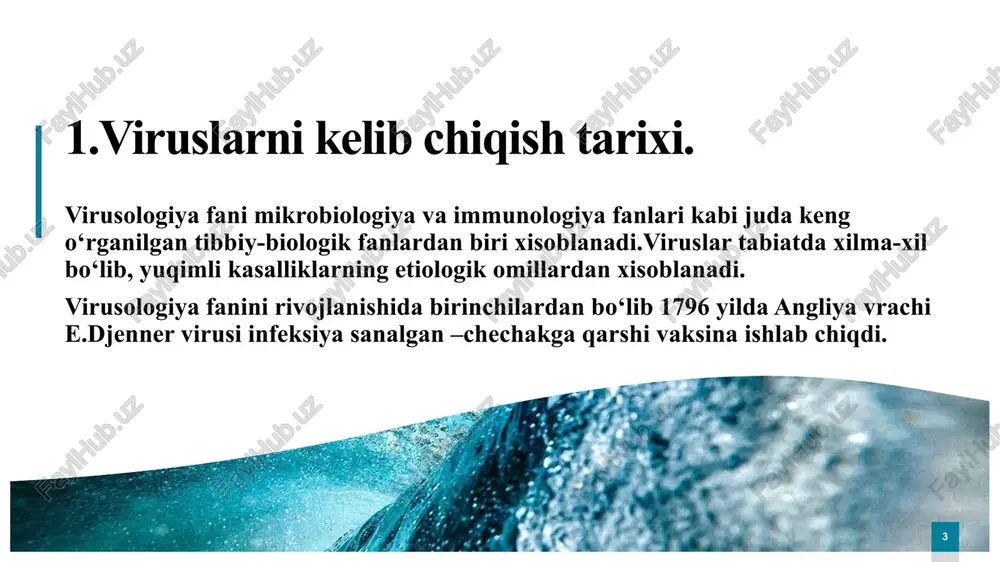 › ‹#› kapsid oqsilidagi simmetriya turi. kapsomerlar soni. xo‘jayin va kasal tashuvchining turi. nuklein kislotaning turi. uning molekulyar massasi. g –s ning miqdori. nuklein kislotadagi ipning soni. nnuklein kislotaning viriondagi oz miqdori. virion shakli. ushbu klassifikatsiyadagi xamma viruslar vira podsholigiga birlashgan, bu o‘z navbatida nuklein kislotaning turiga qarab 2 ta pod tipga bo‘linadi: ‹#› dnk tutuvchi viruslarga quyidagi oilalar kiradi. poksviruslar- chinchechak. gerpeviruslar- oddiy gerpes, suv chechak. adenoviruslar- adenovirus. papaviruslar- papiloma, sugal. parvoviruslar- adenoassotsirovaniy virus. gepadnoviruslar-gepatit rnk tutuvchi viruslar oilalari: pikarnoviruslar- shol. reoviruslar-bolalar gastroenterit virusi. retroviruslar – oits. togoviruslar- qizilcha. flavoviruslar-kana istmasi bun’yaviruslar-sariq istma. arenoviruslar-qrim istmasi. rabdovirus- qutirish. paramiksovirus-paragripp. ortomiksoviruslar- gripp. filovirus. kalitsivirus. koroniviruslar. ‹#› ‹#› ‹#› ‹#› ‹#› ‹#› ‹#› ‹#› ‹#› ‹#› ‹#› ‹#› zagolovok ‹#› 18 podpis prodaji 1 kv. 2 kv. 3 kv. 4 kv. 8.1999999999999993 3.2 1.4 1.2 podpis ryad 1 kategoriya 1 kategoriya 2 kategoriya 3 kategoriya 4 4.3 2.5 3.5 4.5 ryad 2 …