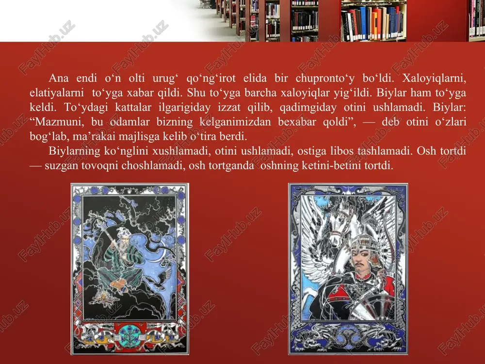 i, nisbatan tinch ruhiy holati tasviri, o‘zaro so‘zlashuvlari ko‘proq o‘n bir bo‘g‘inli she’r bilan ifodalanadi. ba’zan dostonlarda tasvir talabiga ko‘ra yetti, sakkiz bo‘g‘inli she’rlar ham uchraydi. otlar chopishi, jang manzaralari, per- sonajlarning tezkor va shiddatli harakatlari aks etgan o‘rinlar yet- ti-sakkiz bo‘g‘inli she’rlar bilan ifodalanadi.