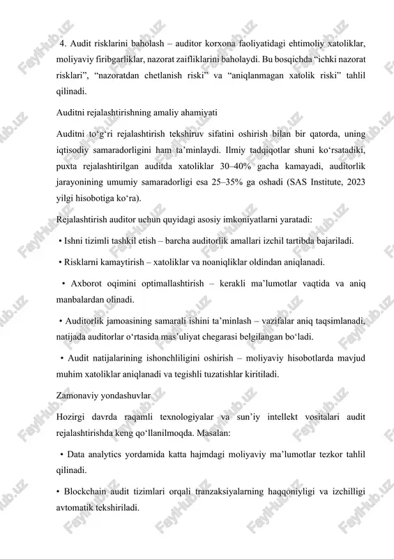 moliyaviy hisobotlarda mavjud muhim xatoliklar aniqlanadi va tegishli tuzatishlar kiritiladi. zamonaviy yondashuvlar hozirgi davrda raqamli texnologiyalar va sun’iy intellekt vositalari audit rejalashtirishda keng qo‘llanilmoqda. masalan: • data analytics yordamida katta hajmdagi moliyaviy ma’lumotlar tezkor tahlil qilinadi. • blockchain audit tizimlari orqali tranzaksiyalarning haqqoniyligi va izchilligi avtomatik tekshiriladi. • risk-based auditing (rba) yondashuvi esa korxonaning eng muhim xavf sohalariga e’tiborni qaratish imkonini beradi, bu esa vaqt va resurslarni tejaydi. shuningdek, xalqaro kompaniyalar (masalan, kpmg, deloitte, ey, pwc) o‘z amaliyotlarida continuous auditing (uzluksiz audit) tizimini joriy qilgan bo‘lib, bu auditorlik jarayonlarini real vaqt rejimida monitoring qilish imkonini beradi. auditni rejalashtirish — bu nafaqat tayyorgarlik bosqichi, balki butun audit faoliyatining sifatini belgilovchi ilmiy-amaliy mexanizm hisoblanadi. puxta rejalashtirilgan audit: • auditorlik risklarini kamaytiradi, • tekshiruv natijalarining ishonchliligini oshiradi, • auditorlik tashkilotining obro‘sini mustahkamlaydi, • va eng muhimi, mijoz korxona uchun real moliyaviy tahlil va boshqaruv qarorlarini qabul qilishda asos yaratadi. shu bois, zamonaviy auditor …