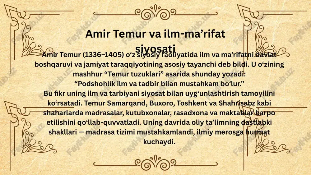 fatparvarlik siyosatini namoyon etadi. tarixiy merosning ahamiyati temuriylar davrining ilm-fan va tarbiya yutuqlari keyingi asrlarda butun markaziy osiyo, eron, hindiston va hatto yevropada ham uyg‘onish harakatlariga turtki bo‘ldi. ulug‘bek maktabining ilmiy an’analari keyinchalik yevropa astronomiyasiga, xususan tycho brahe va kopernik asarlariga ta’sir ko‘rsatgan. bugungi kunda temuriylar davri o‘zbekiston tarixidagi eng yuksak ma’naviy bosqichlardan biri sifatida o‘rganiladi va yoshlar tarbiyasida o‘sha davr qadriyatlariga tayanish milliy g‘urur va ilmiy an’analarni mustahkamlaydi. astronomiya va matematika temuriylar davrida eng yirik ilmiy soha bu — astronomiya edi. mirzo ulug‘bek rahbarligida shakllangan samarqand ilmiy maktabi o‘rta asr sharqining eng nufuzli ilm markaziga aylandi. “ziji jadidi ko‘ragoniy” asari astronomiya tarixidagi eng mukammal yulduz jadvallaridan biri bo‘lib, 1018 ta yulduzning koordinatalarini o‘z ichiga olgan. al-koshiy π (pi) sonini 16 belgigacha aniqlagan bo‘lib, bu natija yevropa ilmida 200 yildan keyin takrorlangan. ulug‘bek rasadxonasida foydalanilgan kvadrant va murabba’ asboblari o‘z davri uchun ilg‘or texnik yangilik edi. bu ilmiy ishlar keyinchalik …