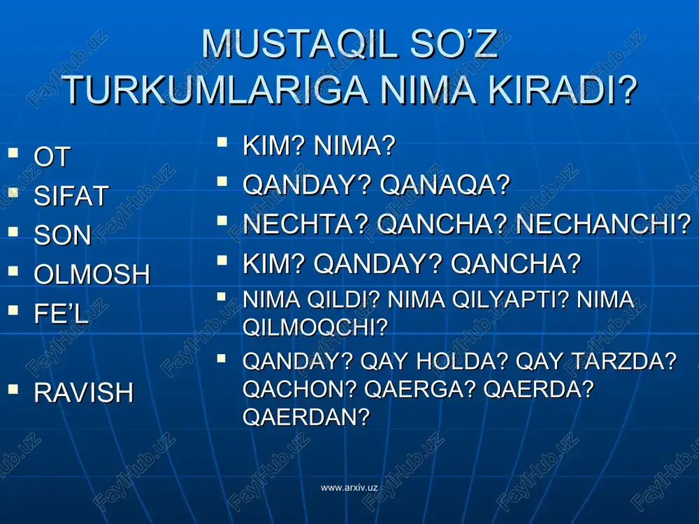 o’qimoqchi. o’zlik: tarandi, yuvindi. majxullik: taraldi, o’qildi. orttirma: o’qitdi, yozdirdi. birgalik: o’qishdi, yozishdi. www.arxiv.uz www.arxiv.uz o’zingizni sinab ko’ring! jadvalni to’ldiring. www.arxiv.uz № o’tgan zamon hozirgi zamon kelasi zamon 1 yoz o’qi ket 2 bor chiz yugur 3 kel tort kel www.arxiv.uz www.arxiv.uz № otgan zamon hozirgi zamon kelasi zamon 1 yozdi o’qiyapti ketadi 2 bordi chizmoqda yuguradi 3 keldi tortyapti keladi www.arxiv.uz fe’llar yozilgan qatorni toping. keldi, o’qidi, olmoqchi kitob, daftar, non qizil, chiroyli, shirin www.arxiv.uz www.arxiv.uz barakalla!!! orqaga oldiga www.arxiv.uz www.arxiv.uz * e’tiboringiz uchun rahmat! muvaffaqiyatga uch narsa kafil: yaxshi niyat qil, ishon va intil!!! www.arxiv.uz www.arxiv.uz