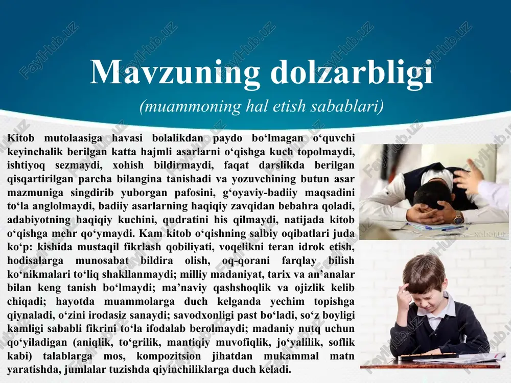 sh og‘ir va sekin ishdir mavzuning maqsadi (muammoning hal etish muhimligi) maktab o‘quvchilarni kitobga mehr tuyg‘usini oshirish va kitobxonlik madaniyatini oshirish. shaxsiy kutubxona madaniyatini shakllantirish va boyitish. kitob – eng yaxshi do‘st ekanligini singdirish. kitobga mehr qo‘yish, kitobxonlikka qiziqish eng zarur ehtiyoj ekanligiga maktab, kitobxonlar o‘rtasida targ‘ib qilish. bu holat nafaqat kitobsevar farzandlar kamol topishiga erishishda yordam beradi, balki oila a’zolari o‘rtasida do‘stona muhitni shakllantirishda ham, ota-onaga hurmat va o‘ziga ishonch tuyg‘ularining mustahkamlanishida ham, mulohazakorlik, mas’uliyat, javobgarlik, tejamkorlik, vaqtni qadrlash, tabiat va jamiyat, yurt uchun kerakli inson bo‘lishga intilish sifatlarini o‘stirishda ham o‘ziga xos poydevor vazifasini o‘taydi.demak, har bir o‘qituvchi va ota-ona farzandining nafaqat jismoniy, balki ham aqliy, ham ruhiy, ham ma’naviy tarbiyasiga alohida e’tibor qaratishi, yoshiga mos badiiy kitoblar bilan ta’minlab turishi, o‘qigan kitoblari yuzasidan ular bilan fikr almashishi, bolani rag‘batlantirib borishi lozim. mavzuni yoritishdagi belgilangan vazifalar maktabda “kitob o‘qigan bola” loyihasini tashkil etish bo‘yicha buyruq “kitob o‘qigan bola” …