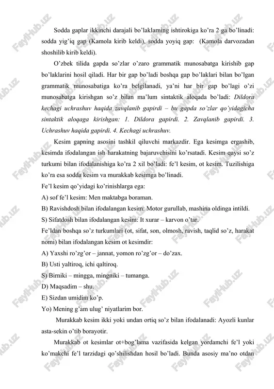 shilishdan hosil bo’ladi. bunda asosiy ma’no otdan anglashiladi. bog’lama kesim bilan egani bog’lovchi so’zlardir. ular mustaqil ma’nosini to’la yoki qisman yo’qotib, yordamchi vazifaga ko’chgan so’zlardir. bularning vazifasi fe’l bo’lmagan so’zlar bilan qo’shilib, kesimni shakllantirishdir, ya’ni mayl, zamon, shaxs son ma’nolrini ifodalashdan iborat. kesimni shakllantirishga hizmat qiladigan bunday bog’lamalar bo’l - , qil - , edi, ekan, emish, hisoblan-, sana – kabi yordamchilardir. kerak, zarur, darkor so’zlari ham bog’lama vazifasida qo’llanadi. xursand edi, qiziqarli bo’ldi, yaxshilik qil, obod qildi, ozod bo’ldi, oz emish, xursand bo’ldi, to’g’ri chiqdi, ko’p edi. kesim birikmalar va iboralar bilan ham ifodalanadi. kengaygan birikma va iboralar gapda yaxlit xolda bitta gap bo’lagi bo’lib keladi va o’z ichida boshqa bo’laklarga ajratilmaydi: vazifamiz – bilim maskanlarida hamisha a’lo o’qish. tarixni o’rganishdan asosiy maqsad – milliy o’zligimizni chuqurroq anglash. baquvvat xotiraning mohiyati – unutmaslik. komil insonlardagi olijanob hislat – o’tmishni unutmaslik. ega va kesim gapning grammatik asosidir. gapni gap bo’laklariga …