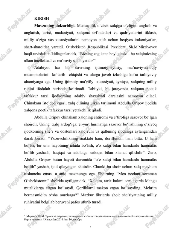 ipovning yangi o‘zbek she’riyatini boyitishdagi o‘ziga xos individual uslubini, badiiy kashfiyotlarini ko‘rsatishga qaratadilar. taniqli adabiyotshunoslar s.mamajonov, n.karimov, u.normatov, b.qosimov, b.akramov, i.haqqulov, a.ulug‘ov va n.jabborovlar aynan abdulla oripov ijodiga bag‘ishlangan maxsus ilmiy tadqiqot yaratmagan bo‘lsalar-da, ularning qator maqolalari va kitoblarida shoir she’riyatidagi mahorat qirralari adabiyotshunosligimizdagi ilmiy-nazariy masalalar bilan bog‘lab o‘rganilgan qimmatli kuzatishlar mavjud. adabiyotshunoslar i.g‘aniyev bilan n.afoqovalarning hammualliflikda yaratgan “ozod ruh falsafasi” risolasida abdulla oripov she’rlarining badiiyati, ijtimoiy ahamiyati va so‘z qo‘llash mahorati kabi masalalar tadqiq etiladi. tadqiqotning maqsadi. abdulla oripov she’riyatida xalqona poetik tafakkur muammosi masalasini yoritish jarayonida shoir she’rlaridagi ijtimoiy-ma’naviy ahamiyatni belgilash, badiiy mahoratning yangi qirralarini ilmiy–nazariy jihatdan umumlashtirish va shu asnoda shoir ijodining o‘zbek adabiyoti taraqqiyotida tutgan o‘rni hamda ahamiyatini ko‘rsatishdan iborat. tadqiqotning vazifalari. tadqiqot ishi maqsadidan kelib chiqib quyidagi vazifalarni yoritish va amalga oshirish nazarda tutiladi: -xalq tilidan foydalanish mahorati badiiylikning muhim belgilaridan biri ekaniga e’tibor qaratish; -shoir she’riyatida poetik so‘z qo‘llash mahoratini ilmiy-nazariy jihatdan tadqiq etish; …