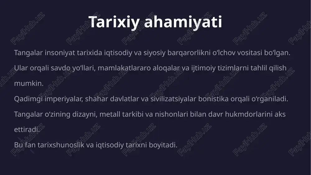 y va iqtisodiy tizimlarni o‘rganishda asosiy manba hisoblanadi. ular orqali hukmdor siyosati, savdo aloqalari va jamiyatning ijtimoiy tuzilishi aniqlanadi. tangalar madaniy va san’at merosini saqlashda ham muhim vosita hisoblanadi. bonistika tadqiqotlari tarixiy voqealarni aniqlash va iqtisodiy tizimlarni tushunishga yordam beradi. shuningdek, tangalar orqali arxeologik davrlarni aniqlash ham mumkin. o‘rta asr tangalarining tarixi o‘rta asrlar davrida tangalar davlatning asosiy iqtisodiy vositasi bo‘lgan. evropa, osiyo va islom sivilizatsiyalarida tangalar hukmdorlar tomonidan chiqarilgan. ularning metall tarkibi, vazni va nishonlari iqtisodiy va siyosiy barqarorlikni aks ettirgan. tangalar orqali davlatning soliq tizimi va savdo aloqalari boshqarilgan. o‘rta asr tangalari arxeologik qazishmalarda topilgan asosiy manba hisoblanadi. tangalar va hukmdor hokimiyati tangalar hukmdor siyosatini aks ettirgan vosita bo‘lgan. ular yuzasidagi portret, nishon va yozuvlar orqali hokimiyatni namoyon qilgan. hukmdor tangalar orqali davlatning mustahkamligini ko‘rsatgan. bu tangalar nafaqat iqtisodiy, balki siyosiy vosita sifatida ishlatilgan. tangalar yuzasidagi yozuvlar davlat farmonlari va siyosiy qarorlarni aks ettiradi. tangalar va iqtisodiy tizim …
