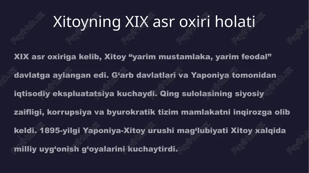 matik sohada yangi kadrlar yetishib chiqdi, milliy manfaat tushunchasi shakllandi. xitoy ilk bor xalqaro siyosatda mustaqil subyekt sifatida o‘zini namoyon etishga urindi. ijtimoiy-siyosiy oqibatlar urush natijasida xitoy jamiyatida g‘arb demokratiyasi, erkinlik, millatchilik va respublika g‘oyalari keng tarqaldi. shu bilan birga, iqtisodiy tanglik kuchaydi, mahalliy harbiylar (warlordlar)ning hokimiyati mustahkamlandi. biroq milliy uyg‘onish jarayoni davom etdi, bu esa keyinchalik kommunistik partiyaning shakllanishiga zamin yaratdi. madaniy uyg‘onish 1910–1920-yillarda xitoyda madaniyat va ta’lim sohasida katta islohotlar boshlandi. g‘arb ilmlari, yangi adabiyot va siyosiy tafakkur rivojlandi. “yangi madaniyat harakati” (xin wenhua yundong) orqali xalqni zamonaviy dunyoqarashga yo‘naltirish harakati kuchaydi. bu harakat keyinchalik xitoyning siyosiy o‘zgarishlariga katta ta’sir ko‘rsatdi. urushdan keyingi xitoy urushdan keyingi yillarda xitoy siyosiy jihatdan parokanda, iqtisodiy jihatdan esa chet el kapitaliga qaram holatda qoldi. biroq xalq ongida milliy birlik, erkinlik va mustaqillik g‘oyalari tobora kuchaydi. 1920-yillar boshida bu g‘oyalar asosida yangi siyosiy kuchlar — milliy partiya (guomindang) va kommunistik partiya shakllandi. xulosa …