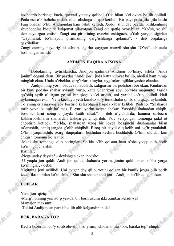 ytlar “andi jon” juda katta viloyat bo’lib, aholisi ham ming-minglab ekan. unda o’zbeklar, qirg’izlar, xitoylar, uyg’urlar, tojiklar yashar ekanlar. andijonning yosh, baquvvat, adolatli, xalqparvar bir podshosi bor ekan. kunlardan bir kuni podsho shahar aylanib yurib, katta shahrixon soyi bo’yida majnuntol tagida qo’shiq aytib o’ltirgan go’zal bir qizga ko’zi tushib, uni yaxshi ko’rib qolibdi. hali uylanmagan ekan. yetti kechayu yetti kunduz to’y tomoshalar qilib, shu qizga uylanibdi. to’yning ertasigayoq yov bostirib kelayotgani haqida xabar kelibdi. podsho: “shaharda turib yovni kutsak bo’lmas. el-yurt, yorim aziyat chekar. yaxshisi shahardan chiqib, bosqinchilarni uzoqroq joyda kutib olsak”, - deb o’ylabdi-da, hamma sarboz-u lashkarboshilarni shahardan tashqariga chiqaribdi. yov kelayotgan tomonga jadal ot choptirib ketibdi. yo’lda, shahardan uzoq bir joyda bosqinchi dushmanlar bilan to’qnashib, qattiq jangda g’olib chiqibdi. biroq bir daydi o’q kelib uni og’ir yaralabdi. o’limi yaqinlashib, oxirgi daqiqalarni boshidan kechira boshlabdi. o’limi oldidan kun chiqish tomonni ko’rsatib: -meni shu tomonga olib boringlar. yo’lda o’lib qolsam …