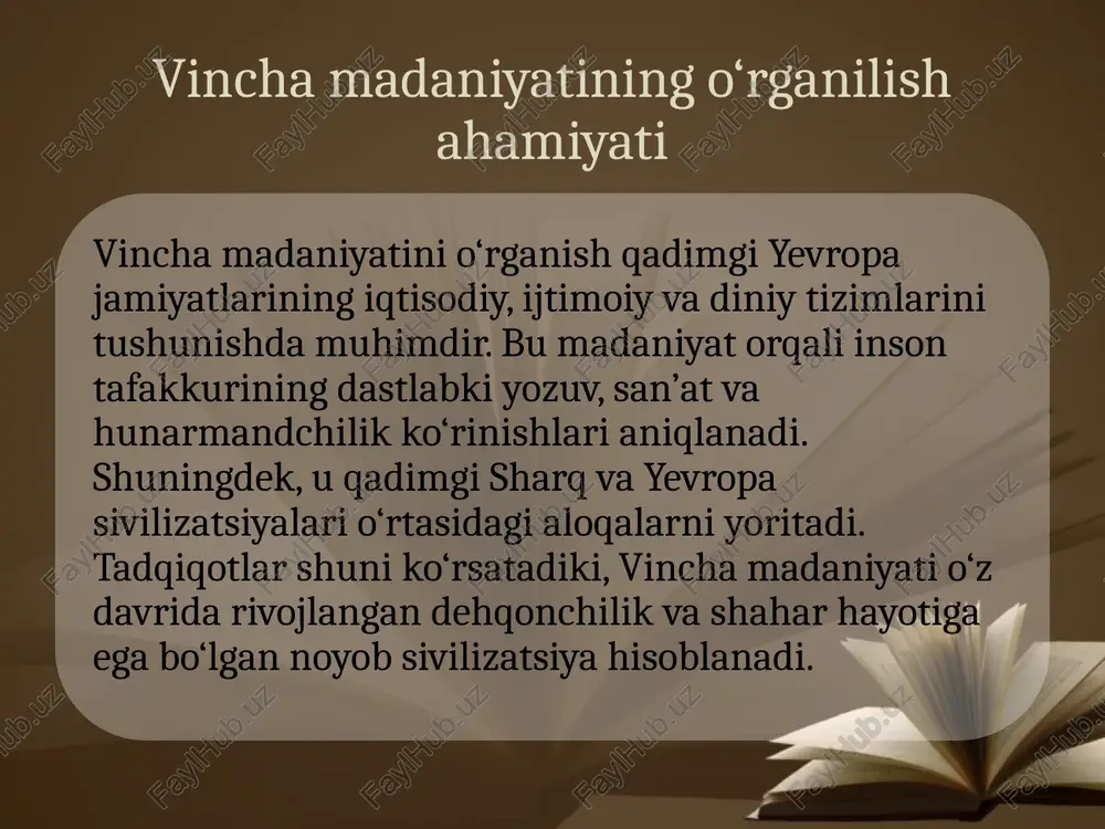 ha madaniyatidan topilgan ayol haykalchalari ona ilohaga sig‘inish madaniyatining rivojlanganini ko‘rsatadi. ushbu haykalchalar ko‘pincha sopoldan yasalgan bo‘lib, ularning shakli diniy ramziy ma’noga ega. bundan tashqari, geometrik naqshlar bilan bezatilgan sopol buyumlar, hayvon tasvirlari va hayot manzaralari san’atning rivojlanganidan dalolat beradi. bu topilmalar vincha san’ati estetik va dini g‘oyalarni mujassam etganini ko‘rsatadi. ijtimoiy tuzilma vincha madaniyati jamiyati o‘z davri uchun nisbatan rivojlangan ijtimoiy tizimga ega bo‘lgan. uy-joylarning o‘lchami, bezaklari va joylashuvi aholining ijtimoiy tabaqalarga bo‘linganini bildiradi. ayrim uylar ishlab chiqarish yoki diniy marosimlarga mo‘ljallangan bo‘lgan. jamoa rahbarlari va diniy yetakchilar jamiyatda muhim rol o‘ynagan. shu bilan birga, hunarmandlar, dehqonlar va savdogarlar o‘z faoliyati orqali iqtisodiy hayotni ta’minlagan. oila va ijtimoiy munosabatlar vincha aholisi oilaviy hayotni jamiyatning asosiy poydevori sifatida shakllantirgan. uy xo‘jaliklari keng oilalarga mo‘ljallangan bo‘lib, oilada erkak mehnat, ayol esa uy va diniy hayot markazida turgan. ayollarning mavqeini ko‘rsatuvchi ko‘plab haykalchalar topilgan. ular jamiyatda hosildorlik, hayot va baraka timsoli sifatida …