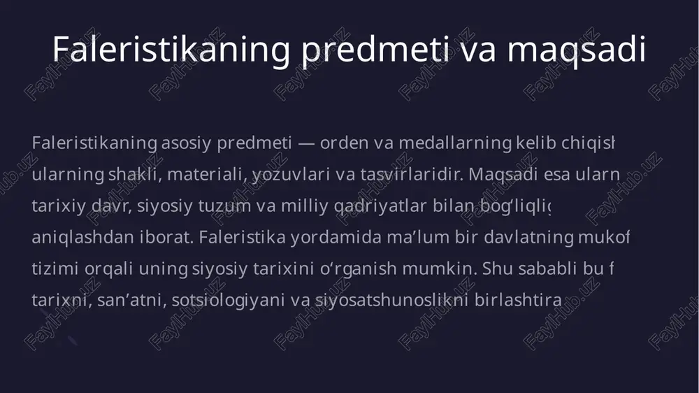 yordam beradi. masalan, imperator rossiyasi, sovet davri va mustaqil o‘zbekiston davriga oid mukofotlar farqlanadi. har bir davrning mukofotlar dizayni, rang va yozuvlari uning siyosiy va ijtimoiy kontekstini aks ettiradi. bu belgilar orqali tarixchi voqealar vaqtini va ularning ahamiyatini aniqlaydi. shuningdek, mukofotlar orqali xalq va davlat o‘rtasidagi munosabatni o‘rganish mumkin. faleristika tarixni buyumlar orqali “jonli” tarzda o‘rgatadi. faleristikaning arxeologiya va numizmatika bilan aloqasi faleristika arxeologiya va numizmatika bilan chambarchas bog‘liq. arxeologik qazilmalarda topilgan medallar tarixiy kontekstni aniqlashga yordam beradi. numizmatika tangalarni tahlil qilsa, faleristika mukofotlarni tahlil qiladi. bu fanlar birgalikda tarixiy voqealarni, siyosiy tuzum va madaniyatni yanada chuqur o‘rganish imkonini beradi. muzeylarda medallar va ordenlar arxivlar bilan birgalikda namoyish etiladi. shu bilan faleristika tarixshunoslikning ajralmas qismiga aylangan. sovet davrida faleristikaning rivojlanishi sovet davrida faleristika markazlashgan tizimda rivojlandi. davlat medallari va ordenlari orqali xizmat va jasorat qadrlanardi. harbiy va fuqarolik medallari mamlakatning siyosiy va ijtimoiy ahamiyatini aks ettirdi. “qizil bayroq”, “jasorat” va …