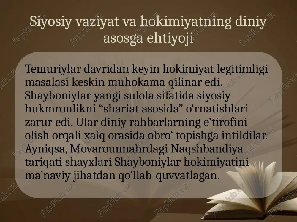 ro bog‘liqlikni kuchaytirdi. diniy ta’lim tizimining rivoji shayboniylar davrida madrasalar soni keskin oshdi. buxoro, samarqand va hirotda yangi madrasalar qurildi. ulamolar tomonidan diniy fanlar — fiqh, tafsir, hadis va kalom chuqur o‘qitildi. bu tizim davlat mafkurasining ilmiy asosini mustahkamlab, diniy kadrlar tayyorlanishiga xizmat qildi. shu tariqa, madrasalar hokimiyatning mafkuraviy tayanch markazlariga aylandi. diniy vakolatlar va xalq orasidagi ishonch ulamolar shayboniylar siyosatini xalq orasida targ‘ib qilib, ularning adolatli hukmdor sifatidagi obrazini shakllantirdilar. jum’a xutbalarida hukmdor nomi zikr etilishi ularning siyosiy hokimiyatini diniy jihatdan tan olish ramzi bo‘lgan. shu yo‘l bilan xalqning hukumatga nisbatan ishonchi ortgan. diniy va siyosiy muvofiqlik jamiyatda ijtimoiy barqarorlikni ta’minlagan muhim omilga aylandi. shayboniylar davrida diniy siyosatning davomiyligi shayboniylar hokimiyati nafaqat dastlabki yillarda, balki keyingi davrlarda ham diniy siyosatga tayandi. davlat boshqaruvida shariat qoidalari asosiy huquqiy mezon sifatida qo‘llanildi. har bir viloyatda qozilar tayinlanib, ular diniy qonunlarga asoslangan sud jarayonlarini olib bordilar. diniy siyosat hokimiyatning qonuniyligini mustahkamlashda muhim …