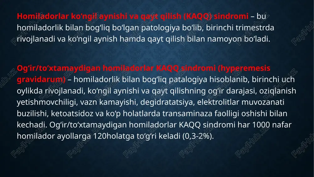 ilishlar xaddan tashqari qusish holatida uchrashi mumkin bo‘lgan holat deb baholanadi.  kaqq sindromida istisno qilish kerak bo‘lgan boshqa patologik holatlar:  kaqq sindromida boshqa patologik sabablar quyidagilarni o‘z ichiga oladi: oshqozon peptik yarasi, xolesistit, gastroenterit, gepatit, pankreatit, siydik chiqarish yo‘llari infeksiyasi yoki pielonefrit, metabolik buzilishlar, nevrologik kasalliklar, dori vositalarni qabul qilish; kaqq sindromini davolash kaqq sindromining yengil darajasini ( indeks puqe 6 balldan past)  ko‘ngil aynish va qusish yanada kuchaysa, temir moddasini o‘z ichiga olgan vitamin dori vositalarini qabul qilishni to‘xtatish.  folat kislotasini qabul qilishni davom ettirish.  parhez: quruq maxsulotlarga urg‘u berilgan kam-kam va tez tez bo‘lgan tamaddi. achchiq, sho‘r, nordon, yog‘li taomlarni chegaralash va oral gidratatsiya. ifodalanmagan va o‘rta darajali kaqq sindromini davolash. (puqe indeks - 7-12 ball):  prometazin, yoki proxlorperazin, yoki metoklopramid;  degidratatsiya kuzatilganda- infuzion davo muolajalari. og‘ir darajali kaqq sindromi yoki homiladorlarning to‘xtovsiz qayt qilishini davolash (puqe indeks - 13 va …