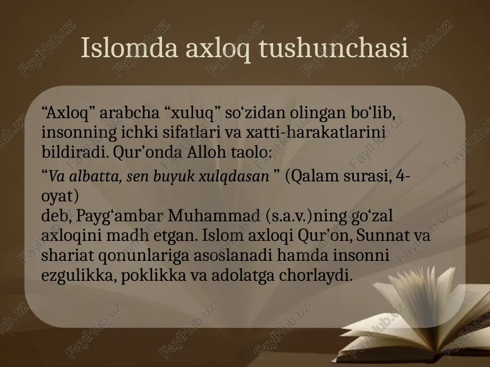 iy islom jamiyati texnologik rivojlanish bilan bir qatorda axloqiy qadriyatlarga ham tayanadi. axloq va ma’naviyatdan ajralgan taraqqiyot insonni ma’nan inqirozga olib keladi. axloqiy qadriyatlar va zamonaviy hayot uyg‘unligi zamonaviylik islomda g‘arb madaniyatiga taqlid qilish emas, balki zamon bilan hamnafas bo‘lish, lekin e’tiqod va axloqni asrab qolishdir. payg‘ambarimiz ﷺ “eng mukammal mo‘min — odob jihatidan eng go‘zal bo‘lganidir”, deganlar (imom tirmiziy rivoyati). bugungi global dunyoda islomiy axloq — halollik, adolat, mehnatsevarlik, iymon va mehr-oqibat tamoyillari zamonaviy jamiyatning barqarorligi uchun zarur asosdir. islomiy axloq asosida taraqqiy etgan jamiyat modeli islomiy axloqiy qadriyatlarga tayanib qurilgan jamiyatda korrupsiya, adolatsizlik va jaholat o‘rniga halollik, ishonch va bilim ustuvor bo‘ladi. rasululloh ﷺ madinada barpo etgan jamiyat — axloq, huquq, tenglik va ijtimoiy birdamlikka asoslangan ilk zamonaviy model edi. bugungi kunda islomiy qadriyatlarga asoslangan taraqqiyot modeli indoneziya, malayziya, turkiya, baa kabi davlatlarda o‘z ifodasini topmoqda. xulosa islomda axloq jamiyat taraqqiyotining poydevori sanaladi. axloqli inson — halol, adolatli …