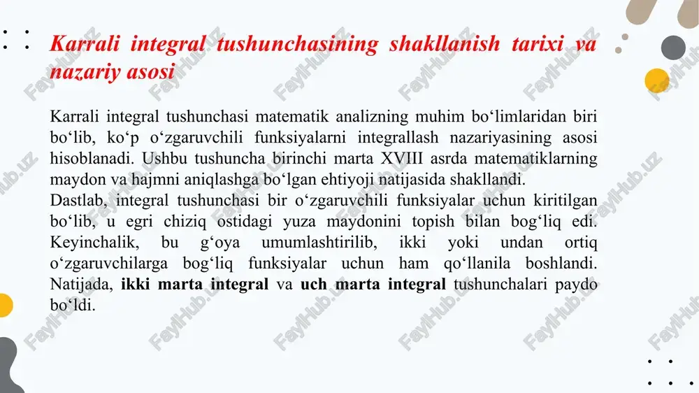 fatida ham katta ahamiyatga ega. ikki marta integralni hisoblash tartibi to‘rtburchakli sohada ikki marta integral odatda ketma-ket integrallash orqali hisoblanadi. ya’ni, avval bir o‘zgaruvchi bo‘yicha, so‘ng ikkinchi o‘zgaruvchi bo‘yicha integrallash bajariladi: yoki shunga teskari tartibda: bu holatda ichki integral bir o‘zgaruvchili funksiyani ifodalaydi, tashqi integral esa hosil bo‘lgan natijani yakuniy qiymatga keltiradi uch marta integral yordamida hajmni aniqlash uch marta integral matematik analizda fazoviy (uch o‘lchamli) sohalar ustida aniqlangan funksiyalarni integrallash uchun ishlatiladi. u ikki marta integralning tabiiy davomidir va fazodagi hajm, massa, energiya, zaryad kabi fizik kattaliklarni aniqlashda asosiy vosita hisoblanadi. agar f(x,y,z) funksiyasi uch o‘zgaruvchili bo‘lib, u d sohada uzluksiz aniqlangan bo‘lsa, u holda uch marta integral quyidagicha ifodalanadi: bu yerda dv — fazoviy element (kichik hajm birligi)ni bildiradi. shunday qilib, uch marta integral yordamida murakkab fazoviy jismlarning hajmini aniqlash nafaqat nazariy jihatdan, balki amaliy masalalarda ham muhim ahamiyat kasb etadi. u geometriya, fizika, muhandislik, arxitektura va boshqa …