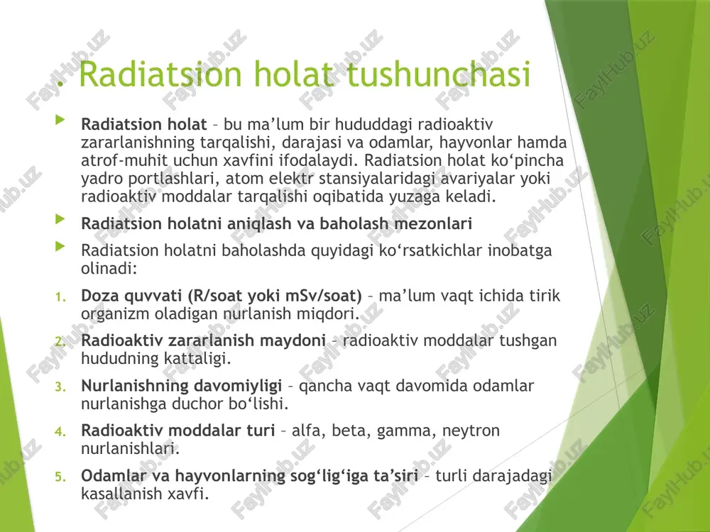 radiatsion sharoitni baholashdan asosiy maqsad uning ishchi-xizmatchilarning ish qobiyatiga, fmtxning tuzilmalari va muassasalari xodimlarining ishiga hamda aholi hayoti faoliyatiga ehtimoliy ta’sirini aniqlashdir. radiatsion vaziyatni baholashda tuzilmalar harakatining, shuningdek, xalq xo’jaligi va sog’liqni saqlash obyektlarining radioaktiv zararlanish sharoitlarida faoliyatning turli variantlarini analiz qilish va odamlarga radiatsiya ta’sirini inkor qiladigan maqsadga muvofiq harakatlar variantini (yo’lini) tanlash nazarda tutiladi. masalan; zararlangan joyda shaxsiy tarkib olishi mumkin radiatsiya miqdorini aniqlash; zararlangan zonalarda tuzimalarning bo’lish muddatini aniqlash; tuzilmalarning zararlangan zonaga kirish vaqtini aniqlash; radioaktiv zararlangan zonaning maqsadiy bosib o’tish yo’lini (variantini) aniqlash; zararlangan o’choqdan tuzilmalarning chiqish vaqtini aniqlash; ruxsat etilgan nurlanish dozasini hisobga olgan holda o’choqda ishni boshlash vaqtini aniqlash va hokazo. radiatsion shariotni yadro quroli qo’llanilishi oqibatlarini taxmin qilish hamda radiatsion razvedka ma’lumotlari yordamida aniqlash va baholash mumkin. radiatsion shariotni taxmin qilish usulida baholashda muhit radiatsion zararlanishning miqyosi (masshtabi) va darajasi to’g’risida taxminiy ma’lumotga ega bo’lamiz, bu haqiqiy ma’lumotdan ancha farqlanishi mumkin, chunki taxminiy …