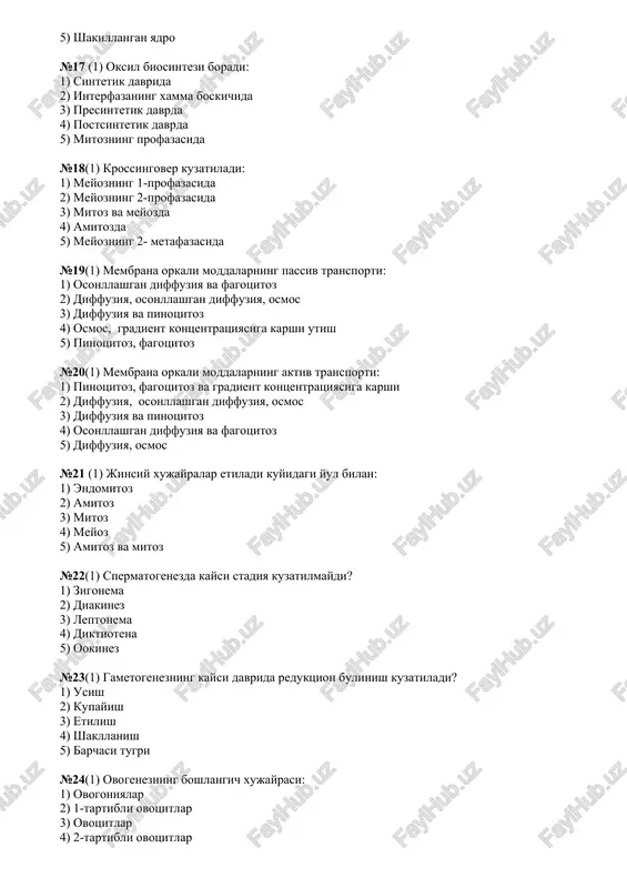 shtirilganda yuzaga chikadigan belgilar 5) birinchi avlodda yuzaga chiksa va yashirin xolda saklanadigan №26(1) genealogik usul yordamida aniklash mumkin: 1) krossingover sonini 2) shajaradagi barcha shaxslar genotipini 3) genlarning birikishini 4) tashki muxit va genotipni belgini yuzaga chikish rolini 5) belgini irsiyligini, dominant va retsessisligini, jinsga birikkanligini №27(1) tsitogenetik usul yordamida aniklanadi: 1) xromosomalarning mikroskopik tuzilishi, soni, shakli 2) genlar faolligi 3) egizaklarda genotip va fenotipi 4) populyatsiyada genlar populyatsiyasi 5) populyatsiyada egzaklar soni №28(1) konkordantlik - bu: 1) genning mikdoriy kursatkichi 2) belgini yuzaga chikish darajasi 3) egizaklarda belgi buyicha uxshashligi 4) egizaklarning birida taxlil kilingan belgini bulmasligi 5) egzaklarda belgi buyicha farki №29(1) n.i.vavilovning irsiy uzgaruvchanlikning gomologik katorlar konuni kuyidagi usullarga asos buldi: 1) biokimyo 2) genealogik 3) modellashtirish 4) egizaklar 5) dermatoglifika №30(1) jinsni aniklash uchun kullaniladigan asosiy usul: 1) tsitogenetik, jinsiy x-xromatinni mikdorini aniklash 2) genealogik metod 3) biokimyo usuli 4) egizaklar usuli 5) populyatsion statistik …