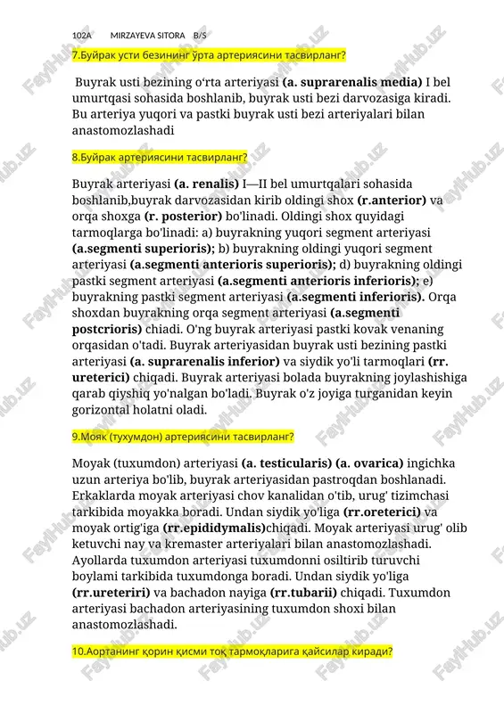 r. posterior) bo'linadi. oldingi shox quyidagi tarmoqlarga bo'linadi: a) buyrakning yuqori segment arteriyasi (a.segmenti superioris); b) buyrakning oldingi yuqori segment arteriyasi (a.segmenti anterioris superioris); d) buyrakning oldingi pastki segment arteriyasi (a.segmenti anterioris inferioris); e) buyrakning pastki segment arteriyasi (a.segmenti inferioris). orqa shoxdan buyrakning orqa segment arteriyasi (a.segmenti postcrioris) chiadi. o'ng buyrak arteriyasi pastki kovak venaning orqasidan o'tadi. buyrak arteriyasidan buyrak usti bezining pastki arteriyasi (a. suprarenalis inferior) va siydik yo'li tarmoqlari (rr. ureterici) chiqadi. buyrak arteriyasi bolada buyrakning joylashishiga qarab qiyshiq yo'nalgan bo'ladi. buyrak o'z joyiga turganidan keyin gorizontal holatni oladi. 9.moyak (tuxumdon) arteriyasini tasvirlang? moyak (tuxumdon) arteriyasi (a. testicularis) (a. ovarica) ingichka uzun arteriya bo'lib, buyrak arteriyasidan pastroqdan boshlanadi. erkaklarda moyak arteriyasi chov kanalidan o'tib, urug' tizimchasi tarkibida moyakka boradi. undan siydik yo'liga (rr.oreterici) va moyak ortig'iga (rr.epididymalis)chiqadi. moyak arteriyasi urug' olib ketuvchi nay va kremaster arteriyalari bilan anastomozlashadi. ayollarda tuxumdon arteriyasi tuxumdonni osiltirib turuvchi boylami tarkibida tuxumdonga boradi. …