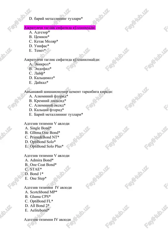 slokatsiyani avfzalliklari: noto'g'ri javobni tanlang + o'rtacha ko'rsatkichlarga asoslangan + nurlanishning yuqorilii + qo'shimcha maydon talab qiladi + ko'p vaqt olishi + qo'llashning qiyinligi asosiy tekshiruv usullari: noto'g'ri javobni tanlang + tsitologik + termodiagnostika + rentgen + eod + bioximik bbbbbb 1. burchakli dastak uchun borlarning xajmi: 2.2-2.7 sm* blek bo'yicha v sinf karies kovagi bo'lib hisoblanadi: barcha guruh tishlarning bo'yin oldi sohasi* blek bo'yicha i sinf karies kovagi bo'lib hisoblanadi: molyar va premolyar tishlarning chaynov yuzasi va barcha tishlarning ko'r teshiklari* blek bo'yicha ii sinf karies kovagi bo'lib hisoblanadi: molyar va premolyar tishlarning kontakt yuzalarida* blek tisnifida karies kovaklarni qaysi belgilari asos qilib olingan? anatomo-topografik* biologik muvofiqlik usulining mohiyati: tish qattiq to'qimasini faqat kariesga uchragan sohasini ayab charxlash* blek bo'yicha i sinf karies kovagi bo'lib hisoblanadi: molyar va premolyar tishlarning chaynov yuzasi va barcha tishlarning ko'r teshiklari* blek bo'yicha ii sinf karies kovagi bo'lib hisoblanadi: molyar va premolyar tishlarning …