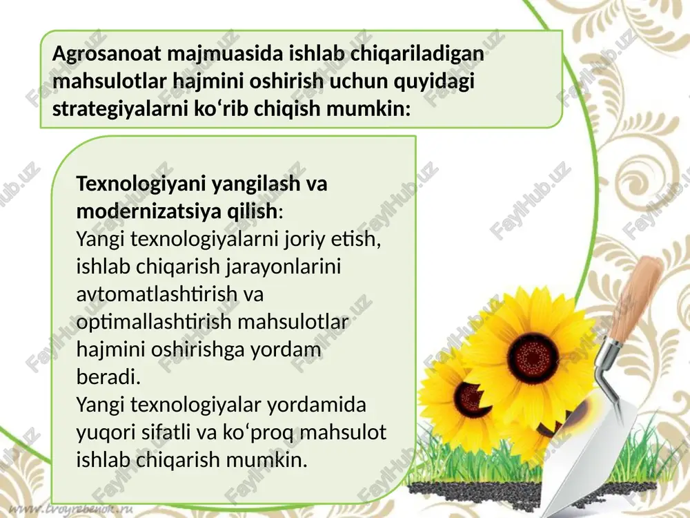tishtirish. biologik pestitsidlar va o‘g‘itlar: kimyoviy o‘g‘itlar va pestitsidlar o‘rniga biologik vositalardan foydalanish orqali tuproqning sifatini yaxshilash va ekologik xavfsizlikni ta'minlash. yangi energiya manbalarini joriy etish: biogaz, quyosh va shamol energiyasidan foydalanish orqali qishloq xo‘jaligi korxonalarining energiya sarfini kamaytirish va ishlab chiqarish jarayonlarini iqtisodiy jihatdan samarali qilish. suvni tejash texnologiyalari: suvni tejash va avtomatik irrigatsiya tizimlarini joriy etish orqali suv resurslaridan samarali foydalanish, bu esa o‘z navbatida mahsulotlar sifatini yaxshilashga yordam beradi. energiyani tejash va resurslardan samarali foydalanish ekologik va barqaror ishlab chiqarish barqaror qishloq xo‘jaligi amaliyotlari: innovatsiyalar yordamida ekologik toza va barqaror qishloq xo‘jaligi amaliyotlarini joriy etish, bu nafaqat ekologik holatni yaxshilash, balki mahsulot sifatini ham oshiradi. organik va ekotizimga asoslangan ishlab chiqarish: mahsulotlar ekologik tozalik va sifatiga qiziqish ortgan bozor talablarini qondirish maqsadida organik va ekologik qishloq xo‘jaligini rivojlantirish. intellektual logistika tizimlari: yangi logistika texnologiyalari yordamida mahsulotlarni tezda va sifatli yetkazib berish, saqlash sharoitlarini yaxshilash va transport xarajatlarini …