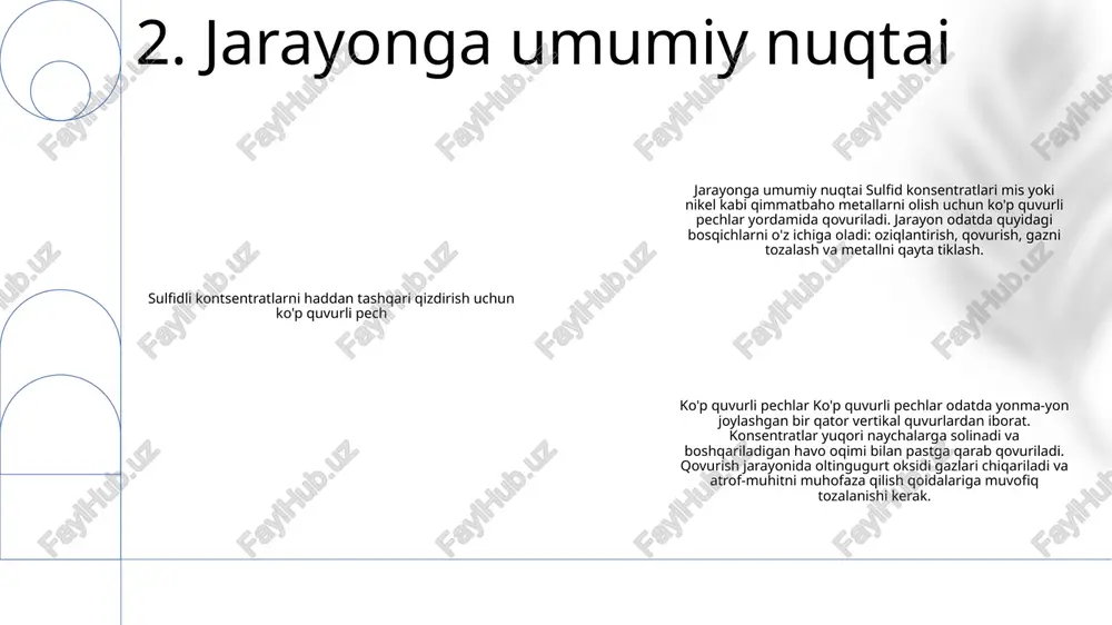 : ko'p o'choqli qovurish mashinasida qovurish jarayoni bir nechta kimyoviy reaktsiyalarni o'z ichiga oladi. birlamchi reaktsiya sulfidli minerallarning metall oksidi va oltingugurt dioksidini hosil qilish uchun oksidlanishidir 6. gazsiz tozalash yoqilg'i tizimi: bu tizim yonish jarayonini davom ettirish uchun issiqlik hosil qiluvchi yondirgichlarni yoqilg'i bilan ta'minlaydi. amaldagi yoqilg'i odatda og'ir mazut yoki tabiiy gazdir. sulfidli konsentratlarni kuydirish jarayoni: bu jarayonning asosiy maqsadi oltingugurtni sulfid kontsentratlaridan olib tashlashdir, natijada oltingugurt dioksidi deb nomlanuvchi qimmatbaho yon mahsulot olinadi. bu jarayon oltingugurtni ushlash va mis va nikel eritish operatsiyalarida chiqindilarni kamaytirish uchun juda muhimdir. ko'p tubli pech: ko'p o'choqli pech har biri yondirgichlar va markaziy havo kanali bilan jihozlangan bir qator o'rnatilgan o'choqlardan iborat. sulfid konsentratlari yuqoridan oziqlanadi va o'choqlar orqali turli reaktsiyalar va o'zgarishlarga uchraydi. 7. yoqilg'i tizimi jarayonning o'zgaruvchilari: - xom ashyo, yonish havosi va chiqindi gazining harorati - havo va gaz oqimlarining bosimi - tutun gazidagi kislorod miqdori asboblar: - …