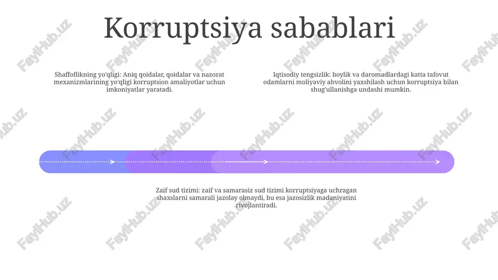 lishi va uning zararli oqibatlari haqida jamoatchilikni xabardor qilishi mumkin. ularning birgalikdagi sa'y-harakatlari individual harakatlarning ta'sirini kuchaytirishi mumkin. xabar berish va ma'lumot tarqatish: shaxslar korruptsiyada gumon qilinganlar haqida hokimiyatga xabar berishda muhim rol o'ynaydi. xabar beruvchilar huquqbuzarliklarni fosh qilishlari va tergovlarni boshlashlari mumkin, bu esa aybdorlarni javobgarlikka tortishga va kelajakdagi korruptsiya amaliyotlarining oldini olishga yordam beradi. fuqarolik jamiyatining roli oshkoralikni targ‘ib qilish: fuqarolik jamiyati shaffoflik va hisobdorlikni ta’minlovchi qonunlar va siyosatlarni himoya qiladi. ular hukumat va korxonalardan o'zlarining moliyaviy ma'lumotlarini, qaror qabul qilish jarayonlarini va tashqi sub'ektlar bilan o'zaro munosabatlarini oshkor qilishni talab qiladilar. fuqarolik jamiyatining monitoring roli: fuqarolik jamiyati tashkilotlari korruptsiyani fosh qilish va oldini olish bo'yicha hukumat va korporativ faoliyatini nazorat qiladi. ular byudjetlarni tahlil qiladi, xarajatlarni kuzatib boradi va shubhali amaliyotlarni tekshiradi. aholini xabardor qilish va safarbarlik: fuqarolik jamiyati fuqarolarga korrupsiyaning sabablari, oqibatlari va bu haqda xabar berish usullarini o‘rgatish orqali aholining xabardorligini oshiradi. ular jamiyatlarni korruptsiyaga …