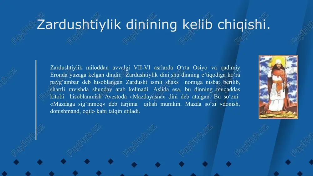 g vatandoshlari unga ishonmay, uning ta’li motini qabul qilmaganlar. zardusht vatanni tark etib, ko‘shni d avlatga ketadi, u yerning malikasi xutoasa va shoh kavi vishta spaning xayrixohligiga erishadi, ular zardusht ta’limotini qabul qiladilar. natijada qo‘shni davlat bilan urush boshlanib, vishta spa g‘alaba qozonadi. shundan so‘ng, bu ta’limot xalqlar o‘rtas ida keng tarqala boshlagan. shoh kavi vishtaspa farmoniga bin oan avesto kitobi o‘n ikki ming mol terisiga yozib olinib, otashkadaga topshirilgan. zardushtiylik ta’limoti markaziy osiyoda ibtidoiy davrda mavjud bo ‘lgan tabiat kuchlarini ilohiylashtiruvchi e’tiqodlarga nisbatan pr ogressiv, monoteistik ta’limotdir. u behuda qon to‘kuvchi qurbo nliklar, harbiy to‘qnashuvlar, bosqinchilik urushlarini qoralab, o‘troq, osoyishta hayot kechirishga, mehnatga, dehqonchilik, chorvachilik bilan sh ug‘ullanishga da’vat etadi. moddiy hayotni yaxshilashga urinishni yovuzlikka qarshi kurash deb hisoblaydi. zardushtiylik dinida qo ‘riq yer ochib, uni bog‘u rog‘ga aylantirgan odam ilohiyot rahmat iga uchraydi, aksincha, bog‘lar, ekinzorlarni, sug‘orish inshoatlari ni buzganlar katta gunohga qoladi. zardusht o‘z ta’limoti bilan in …