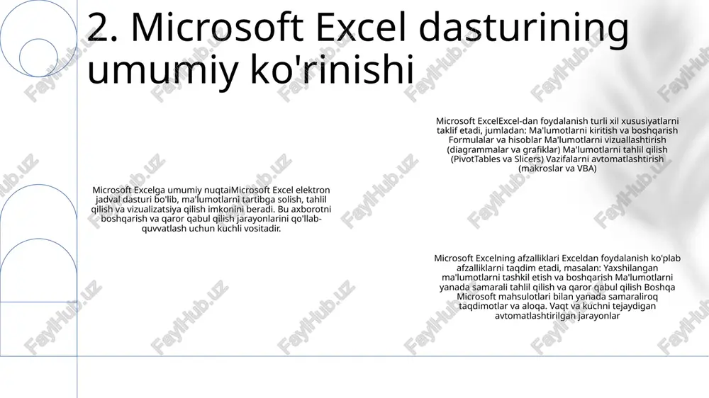 lil qilish, statistik hisob-kitoblar va ma'lumotlarni qidirish uchun sum, average va vlookup kabi funksiyalardan foydalaning. formulalarni tekshirish: excel formulalarini tekshirish vositalari bilan aniqlikni ta'minlang. kirish xujayralarini aniqlash va mumkin bo'lgan xatolarni aniqlash uchun pretsedentlar va qaram bo'lganlarni kuzatib boring. turli stsenariylarni o'rganish va oqilona qarorlar qabul qilish uchun "nima bo'lsa" tahlilidan foydalaning. 5. formula yaratish va hisoblash excel diagrammasi: naqsh va tendentsiyalarni aniqlash uchun ma'lumotlarning ajoyib vizual tasvirlarini yarating. ma'lumotlarni vizualizatsiya qilish: ma'lumotlarni samarali taqdim etish va tushunchalarni etkazish uchun gistogrammalar, tarqalish chizmalari va boshqa diagrammalardan foydalaning. excel boshqaruv panellari: asosiy ishlash ko'rsatkichlari haqida real vaqt rejimida ma'lumot beruvchi interaktiv asboblar panelini loyihalash, bu esa ongli qarorlar qabul qilish imkonini beradi. 6. diagramma va vizualizatsiya pivot jadval ustasi: maydonlarni sudrab olib tashlash, ma'lumotlarni qanday umumlashtirishni tanlash va ularni satrlar, ustunlar yoki qiymatlar bo'yicha tartibga solish orqali osongina pivot jadvallarini yarating. kengaytirilgan filtrlash: muayyan ma'lumotlarni ajratib olish va tendentsiyalar, naqshlar va …