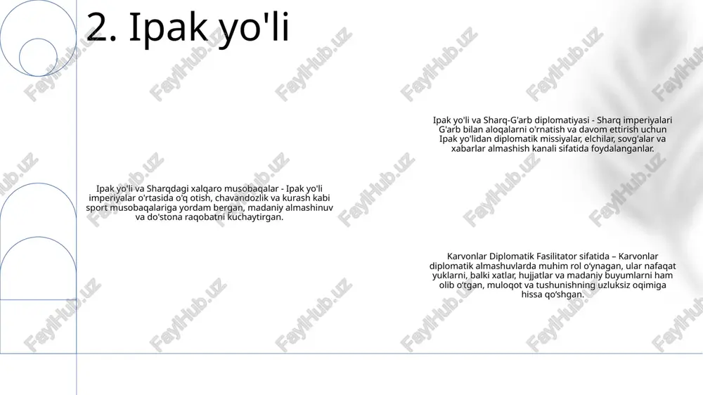 ldi. 5. tang sulolasi umaviylar xalifaligi tezda kengayib, ispaniyadan hindistongacha boʻlgan ulkan hududlarni bosib oldi. diplomatik missiyalar vizantiya imperiyasi va xitoy tang sulolasi kabi boshqa imperiyalar bilan aloqalarni saqlashda hal qiluvchi rol o'ynadi. umaviylar ittifoq tuzish va chegaralarni xavfsiz saqlash uchun shartnomalar va ittifoqlar tizimidan foydalanganlar. 6. umaviylar xalifaligi tarixi: abbosiylar xalifaligi ilk oʻrta asrlarda yaqin sharqdagi ulkan imperiya ustidan hukmronlik qilgan va mintaqaning siyosiy va madaniy manzarasini shakllantirishda katta rol oʻynagan. diplomatiya: abbosiylar qoʻshni davlatlar va sivilizatsiyalar bilan keng diplomatik aloqalar oʻrnatgan, savdo, madaniy almashinuv va harbiy ittifoqlar orqali aloqalarni mustahkamlagan. raqobat: xalifalik turli raqiblar, jumladan, vizantiya imperiyasi, fotimiylar va ispaniyaning umayyadlari bilan raqobatga duch keldi, bu esa harbiy to'qnashuvlar va siyosiy manevrlarga olib keldi. 7. abbosiylar xalifaligi aksum qirolligining xalqaro poygalari aksum qirolligi rim imperiyasi bilan savdo qilish orqali gullab-yashnadi va o'z chegaralarini kengaytirdi. diplomatik aloqalaraxum hindiston, fors imperiyasi va vizantiya imperiyasi kabi boshqa qirolliklar bilan diplomatik aloqalar …