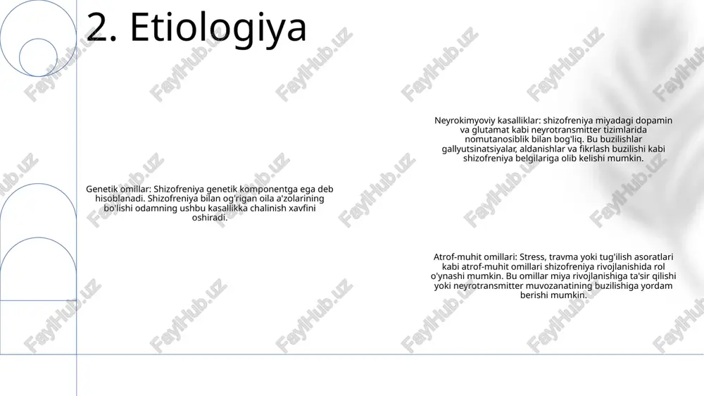 s omillariga surunkali ta'sir qilish orqali onaning prenatal stressiga duchor bo'lish shizofreniya xavfini oshirishi bilan bog'liq onalar infektsiyalari: homiladorlik davrida qizilcha, sitomegalovirus yoki gripp kabi ba'zi infektsiyalarga ta'sir qilish nasllarda shizofreniya xavfini oshirishi bilan bog'liq. ushbu infektsiyalar rivojlanayotgan homila miyasiga zarar etkazishi mumkin, bu esa buzilishga hissa qo'shishi mumkin bo'lgan neyrorivojlanish anormalliklariga olib keladi. 6. prenatal ta'sirlar postnatal infektsiyalar va shizofreniya xavfi - homiladorlik yoki erta hayot davridagi ba'zi infektsiyalar naslda shizofreniya xavfini oshirishi mumkin. masalan, sitomegalovirus, toksoplazmoz va gripp. shizofreniya sabablari: demans prekoks nazariyasi - "demans praekoks" nazariyasi shizofreniya o'smirlik davrida boshlangan demansning bir shakli ekanligini taklif qildi. o'shandan beri bu nazariya obro'sizlandi, chunki shizofreniya endi alohida ruhiy kasallik sifatida tan olingan. shizofreniya uchun prenatal va postnatal xavf omillari - ham prenatal, ham postnatal omillar shizofreniya rivojlanishiga hissa qo'shishi mumkin. prenatal omillarga genetik moyillik, toksinlar (masalan, spirtli ichimliklar) ta'siri va onaning stressi kiradi. postnatal omillarga infektsiyalar, travma va ijtimoiy …