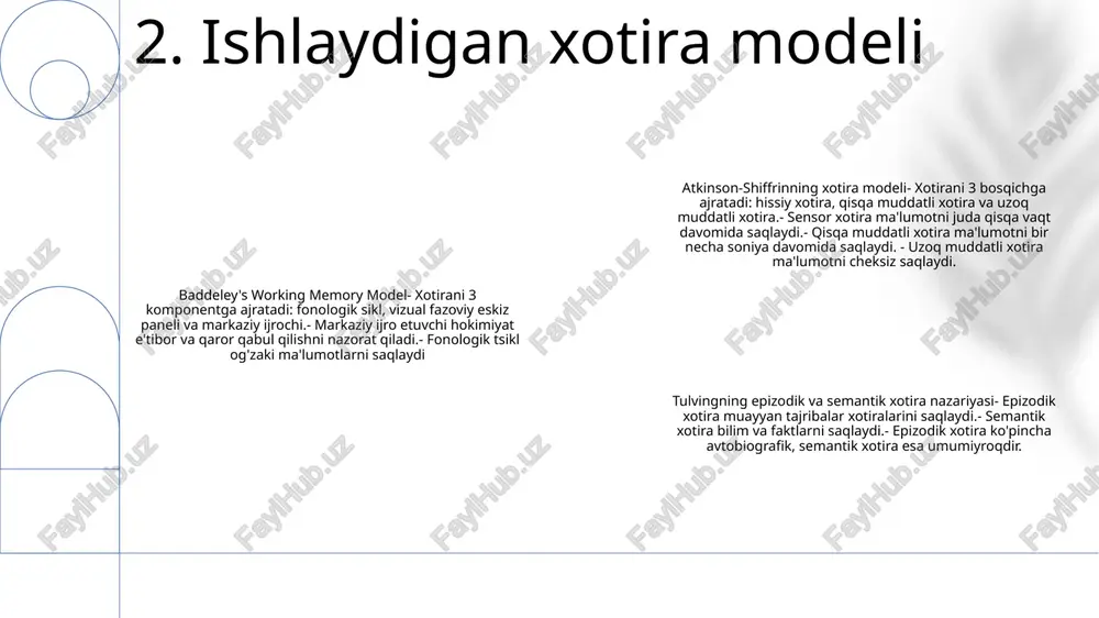 belgilari xotirani qayta tiklashni osonlashtiradi. 6. kontekstga bog'liq xotira nazariyasi konstruktiv xotira nazariyasi: bu nazariya shuni ko'rsatadiki, bizning xotiralarimiz o'tmishdagi voqealarning aniq qaydlari emas, balki bizning bilimlarimiz, e'tiqodlarimiz va umidlarimiz ta'sirida faol qayta qurishdir. psixologiyada xotira nazariyalari: psixologiya sohasida xotira turlari va ularning miya funktsiyalari bilan aloqasini o'rganuvchi turli xotira nazariyalari mavjud. bularga epizodik xotira, semantik xotira, protsessual xotira, ishchi xotira va avtobiografik xotira kabi toifalar kiradi. madaniyat va his-tuyg'ularning ta'siri: madaniy e'tiqod va me'yorlar bizning xotiralarimizni shakllantirishi, ma'lumotni kodlash, saqlash va olish usullariga ta'sir qilishi mumkin. xuddi shunday, his-tuyg'ular ham xotirada muhim rol o'ynashi mumkin, bu bizning ba'zi voqealarni eslab qolish qobiliyatimizni kuchaytiradi yoki yomonlashtiradi. 7. konstruktiv xotira nazariyasi manba monitoringi asosi: bu nazariya odamlar har bir manba bilan bog'liq bo'lgan o'ziga xos belgilarga asoslanib, turli manbalardan (masalan, o'z-o'zidan yaratilgan, tashqi) xotiralarni farqlashini taklif qiladi. psixologiyada xotira nazariyalari: psixologiyadagi turli nazariyalar xotiralar qanday shakllanishi, saqlanishi va olinishini tushuntirishga harakat …