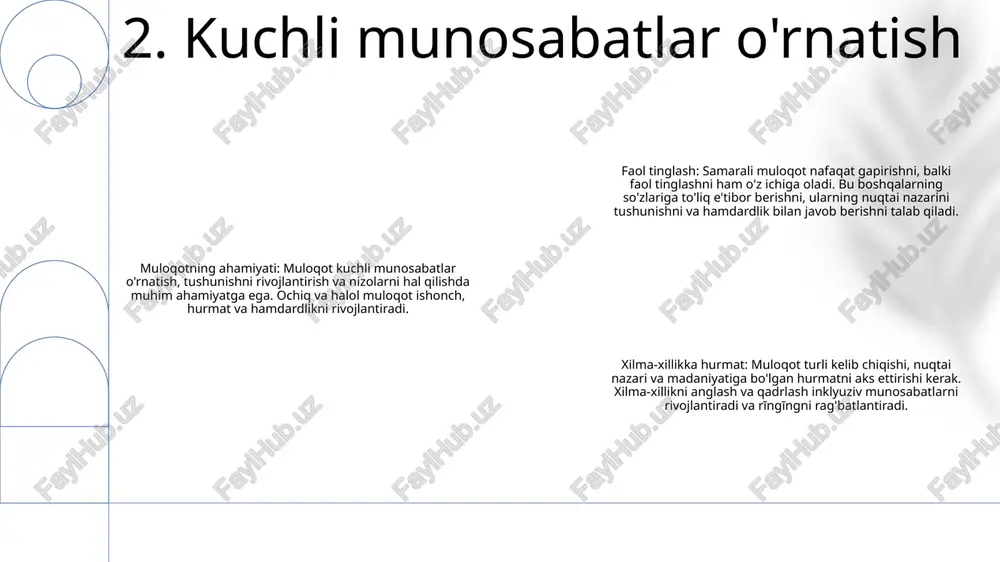o'sish va ijobiy o'zgarishlar katalizatori sifatida mojaro potentsialini ta'kidlaydi, samarali muloqot orqali mustahkam munosabatlarni rivojlantiradi. 6. mojarolarni hal qilish va aloqa ijobiy til kuchli munosabatlarni rivojlantiradi: hurmatli, hamdard va rag'batlantiruvchi tildan foydalanish shaxslararo aloqalarni mustahkamlaydi va o'zaro tushunishga yordam beradi. munosabatlardagi muloqot: suhbat munosabatlarda muhim ahamiyatga ega bo'lib, fikrlar, his-tuyg'ular va istiqbollar almashinuvini osonlashtiradi. samarali muloqot yaqinlikni kuchaytiradi va nizolarni hal qiladi. muloqotda madaniyatning roli: madaniy me'yorlar va qadriyatlar muloqot uslublari va umidlariga ta'sir qiladi. madaniy farqlarni tushunish samarali madaniyatlararo muloqot qilish, bo'shliqlarni bartaraf etish va inklyuzivlikni rivojlantirish imkonini beradi. 7. ijobiy tilning kuchi muloqot shaxslararo munosabatlarning asosi sifatida: muloqot har qanday shaxslararo munosabatlarning asosidir. samarali muloqot orqali odamlar o'z fikrlarini ifoda etishlari, tajriba almashishlari va tushunish va ishonch poydevorini qurishlari mumkin. texnologiyaning aloqa shakllariga ta'siri: zamonaviy aloqa texnologiyasi odamlarning muloqot qilish usullarini sezilarli darajada o'zgartirdi. ijtimoiy tarmoqlardan tortib to lahzali xabar almashishgacha bo'lgan texnologiyalar foydalanish imkoniyatini kengaytirdi va mazmunli …