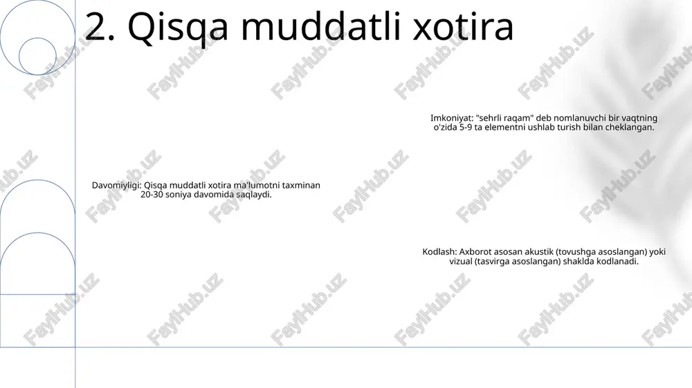 ladi. 7. unutish va xotira buzilishi xotirani shakllantirish: xotiralarni shakllantirish yangi neyron aloqalarni yaratish yoki mavjudlarini mustahkamlashni o'z ichiga oladi. u hipokampusda paydo bo'ladi, u erda ma'lumot vaqtincha saqlanadi va keyin uzoq muddatli saqlash uchun neokorteksda mustahkamlanadi. xotirani qayta tiklash: xotiralarni qayta tiklash xotirani shakllantirish jarayonida hosil bo'lgan asab yo'llarini qayta faollashtirishni o'z ichiga oladi. bu jarayon hipokampus va neokorteksda sodir bo'ladi va unga kontekst va hissiyot kabi omillar ta'sir qilishi mumkin. xotira konsolidatsiyasi: konsolidatsiya yangi hosil bo'lgan xotiralar barqarorlashishi va buzilishlarga chidamli bo'lish jarayonini anglatadi. bu vaqt o'tishi bilan yuzaga keladi va xotiralarni hipokampusdan neokorteksga o'tkazishni o'z ichiga oladi. konsolidatsiya xotira bilan bog'liq nerv yo'llarini mustahkamlaydi va uni unutishga chidamli qiladi. 8. xotiraning neyrobiologiyasi e'tiboringiz uchun rahmat @taqdimot_robot image1.png /docprops/thumbnail.jpeg