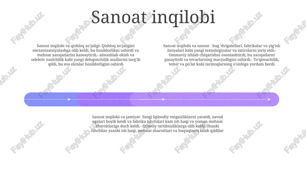 a bo'lgan talabni qisqartirdi, bu esa an'anaviy qishloq xo'jaligi va sanoat tarmoqlarida ish o'rinlarining yo'qolishiga olib keldi. qishloq xo'jaligini o'zgartirish: - ilg'or dehqonchilik texnikasi va texnikasini joriy etish hosildorlikni oshirdi, qo'l mehnatiga bog'liqlikni kamaytirdi va qishloq xo'jaligi eksportini kengaytirdi. iqtisodiy o'zgarishlar iqtisodiy oʻzgarishlar: oʻzbekiston bozor iqtisodiyotiga oʻtish uchun xususiylashtirish, liberallashtirish va diversifikatsiyani oʻz ichiga olgan qator iqtisodiy islohotlarni amalga oshirdi. “qishloq xo‘jaligi va sanoatdagi o‘zgarishlar”: hukumat qishloq xo‘jaligini modernizatsiya qilish bo‘yicha mexanizatsiya va irrigatsiya infratuzilmasini oshirish kabi chora-tadbirlarni amalga oshirdi hamda avtomobilsozlik, to‘qimachilik, oziq-ovqat mahsulotlarini qayta ishlash kabi tarmoqlarni rivojlantirishga ustuvor ahamiyat berdi. o‘zgaruvchilar: ushbu iqtisodiy o‘zgarishlar ishlab chiqarish samaradorligini oshirish, yangi ish o‘rinlari yaratish va xorijiy investitsiyalar jalb etishni ta’minlab, barqaror iqtisodiy o‘sish va o‘zbekiston fuqarolarining turmush darajasini oshirishga xizmat qilmoqda. e'tiboringiz uchun rahmat @taqdimot_robot image11.jpg image3.jpg image2.jpg /docprops/thumbnail.jpeg