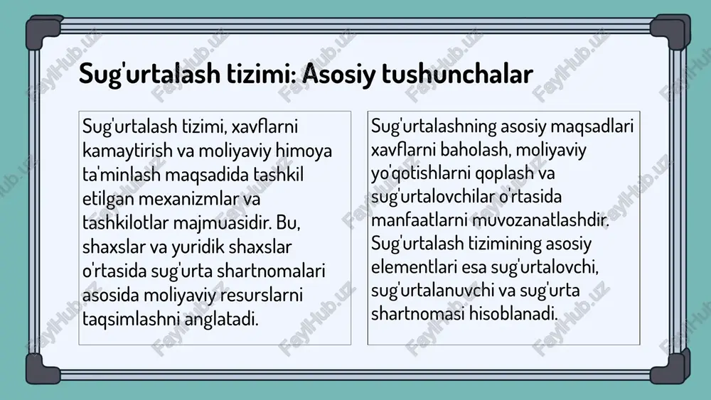 rda sug'urtalash mahsulotlari va xizmatlari keng qo'llanilmoqda. kelajakda sug'urtalash tizimini rivojlantirish uchun raqamli texnologiyalarni joriy etish va innovatsion yondashuvlar kerak. bu, sug'urtalashning samaradorligini oshirishga yordam beradi. yuridik shaxslarni sug'urtalash: ta'riflar yuridik shaxslarni sug'urtalash, yuridik shaxsning iqtisodiy xavflaridan himoya qilish maqsadida amalga oshiriladigan jarayondir. bu sug'urtalash, yuridik shaxslarning barqarorligini ta'minlash va ularning moliyaviy xavfsizligini oshirishga yordam beradi. yuridik shaxslar sug'urtalashda muhim rol o'ynaydi, chunki ular turli sohalarda faoliyat yuritib, turli xil xavflarga duch keladi. sug'urtalash ularga risklarni boshqarish va zarur moliyaviy yordam olish imkoniyatini beradi. yuridik shaxslar o'z sug'urtalash shartnomalariga rioya qilish va o'z majburiyatlarini bajarish orqali mas'uliyatli bo'lishlari shart. bunga sug'urtalovchilar bilan muvaffaqiyatli hamkorlik va xavflarni baholash kiradi. misol sifatida, muhandislik kompaniyalarining qurilish jarayonida yuzaga kelgan baxtsiz hodisalar uchun sug'urtasi ko'rsatishi mumkin. yuridik shaxslarni sug'urtalash xususiyatlari - yuridik shaxslar uchun sug'urtaning o'ziga xosligi: 1. yuridik shaxslar uchun sug'urta shartnomalari ko'plab huquqiy va moliyaviy jihatlarga ega bo'lib, ularning faoliyatini to'liq himoya …
