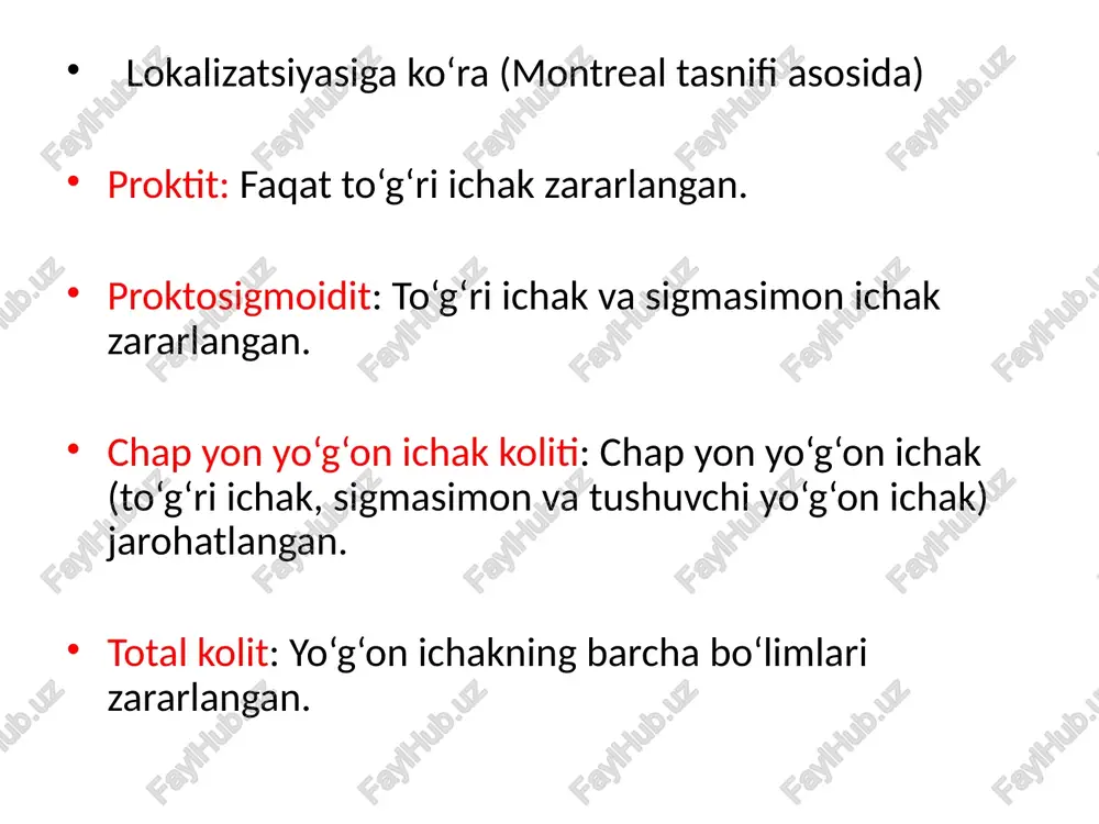 limfotsitlar) yallig‘lanish joyiga ko‘payib, uzoq muddat davom etadigan zararlanishni keltirib chiqaradi. bu jarayon ichakda eroziya, yaralar va qon ketishlariga olib keladi. 4. ichak shilliq qavatining zararlanishi: shilliq qavatning yallig‘lanishi: yallig‘lanish jarayoni ichak shilliq qavatining hujayralarini zararlaydi va ularning qayta tiklanish qobiliyatini kamaytiradi. bu holat ichakning gipersekresiyasi (ko‘proq suyuqlik ishlab chiqarilishi), eroziya va ulceratsiyalarni keltirib chiqaradi. to‘qimalar va qon tomirlarining o‘zgarishi: yallig‘lanish jarayonida qon tomirlarining kengayishi va to‘qimalar shikastlanishi kuchayadi. bu esa ichakdagi yallig‘lanishning yanada og‘irlashishiga olib keladi va najasda qon ketishiga sabab bo‘ladi. 5. yallig‘lanishning davomiyligi va og‘irligi: nyk ning surunkali ko‘rinishi bilan, yallig‘lanish jarayonining davomiyligi oshadi va kuchayadi. bunda organizmda yallig‘lanishning turli bosqichlari (faol va remissiya fazalari) bir-birini almashtiradi, bu esa kasallikning og‘irligini oshiradi. 6. o‘zaro aloqalar: nyk ning rivojlanishida atrof-muhit (infeksiyalar, diet, stress) va genetik omillar o‘zaro ta'sir qiladi. bunda immun tizimining o‘ziga xos reaksiyalari va ichak mikrobiotasining holati muhim rol o‘ynaydi. 7. vaskulyar o‘zgarishlar: kasallikning kechishida qon …