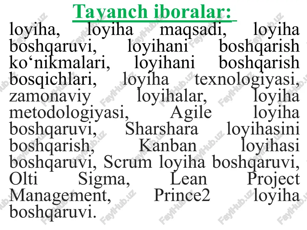 n yangi o‘rindiq turini yaratish va sinovdan o‘tkazish loyiha hisoblanadi. loyiha vaqtinchalik bo‘lib, uning boshi va oxiri bo‘ladi, ya’ni boshlanish va yakunlash kuni. loyihani muddati o‘zgarishi mumkin, lekin o‘zgargan holda uning albatta tugaydigan kuni bo‘ladi.loyiha 10 yillik ham bo‘lishi mumkin, lekin uning albatta tugaydigan kuni aniq bo‘ladi. loyiha resurslari chegaralangan bo‘ladi. ya’ni faqat shu loyiha davomida ishlatish uchun mo‘ljallangan bo‘ladi. loyihaga jalb qilingan ishchilar ham ma’lum bir muddatga, ya’ni loyiha muddatiga olinadi. bu ishchilar tashkilotning doimiy ishchilari bo‘lishlari ham mumkin, lekin ular loyihaga ma’lum bir vaqtga, ma’lum bir vazifani bajarish uchun jalb qilinadilar. loyiha bosqichlari va tadbirlari ketma-ketlik bilan amalga oshiriladi. demak, loyiha bu biror o‘ziga xos mahsulot, xizmat yoki natijaga erishish uchun amalga oshiriladigan vaqtinchalik harakatlar majmuasi. u ma’lum bir belgilangan jadval, narx va ijro parametrlari doirasida maxsus maqsadlarga erishish uchun amalga oshiriladi. loyihaning vaqtinchalik bo‘lgani loyiha natijasida yaratiladigan mahsulot yoki natijaga ta’sir etmaydi. aksincha, bunday mahsulot va natijalar …