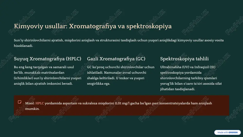 chilar standartlari tayyorlanadi. noma’lum namunalar shu standartlar bilan solishtiriladi (kalibrlash). 2 xalqaro moslik o‘zbekiston texnik reglamentlari va xalqaro oziq-ovqat xavfsizligi standartlariga (codex alimentarius) rioya qilish mahsulotlarning eksportga yaroqliligini ta'minlaydi. 6 amaliy misol: o‘zbekiston bozoridagi salqin ichimliklarda shirinlovchilar tahlili so‘nggi yillarda iste’molchilar sog‘lig‘ini himoya qilish maqsadida o‘zbekistonda ichimliklar tarkibini nazorat qilish dasturi jadal yo‘lga qo‘yildi. o‘tkazilgan monitoring natijalari shuni ko‘rsatadiki, ayrim mahsulotlarda shirinlovchilar, xususan, siklamat va aspartamning ruxsat etilgan me’yoridan oshiqcha miqdorlari aniqlangan. limonadlar bu borada yuqori xavf guruhini tashkil etadi. bu natijalar ishlab chiqaruvchilar va nazorat organlari uchun iste’molchilar xavfsizligini ta’minlash borasida qat’iy choralar ko‘rish zarurligini bildiradi. 7 sun’iy shirinlovchilarni aniqlashda yuzaga keladigan muammolar kimyoviy o‘xshashlik ba’zi shirinlovchilar, masalan, sakkirinar va siklamatlar bir-biriga o‘xshash kimyoviy tuzilishga ega bo‘lishi mumkin, bu ularni ajratishni qiyinlashtiradi. matritsaning murakkabligi ichimlik tarkibidagi rang beruvchilar, kislotalar, konservantlar va boshqa qo‘shimchalar tahlil asboblariga salbiy ta’sir ko‘rsatib, natijalarning aniqligini pasaytiradi. uskunalarning murakkabligi va narxi yuqori aniqlikdagi usullar (lc-ms/ms, …