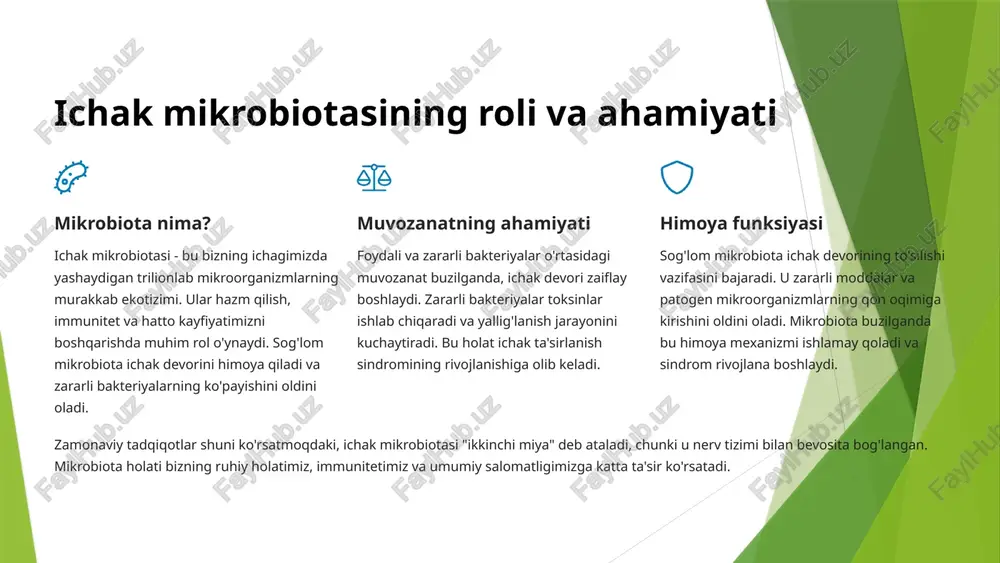 r 2 umumiy alomatlar surunkali charchoq, bosh og'rig'i, mushak og'riqlari, uyqu buzilishi, konsentratsiya qilishda qiyinchilik 3 immunitet alomatlari tez-tez shamollash, allergik reaktsiyalar, otoimmun kasalliklar, teri muammolari tashxis usullari ichak ta'sirlanish sindromini tashxislash murakkab jarayon bo'lib, turli xil usullarni talab qiladi: laktuloza/mannitol testi - ichak o'tkazuvchanligi darajasini aniqlash zonulin darajasi - qonda ichak o'tkazuvchanlik markerini o'lchash mikrobiota tahlili - ichak bakteriyalari tarkibini tekshirish ovqat sezuvchanligi testlari - igg antikorlar darajasi yallig'lanish markerlari - crp, esr va boshqa ko'rsatkichlar ushbu testlar majmui shifokorga sindromning mavjudligi va darajasini aniq baholash imkonini beradi. 6 ichak devorining buzilishi va yallig'lanish jarayoni normal ichak devori sog'lom holatda ichak devori kuchli to'siq vazifasini bajaradi. enterositlar orasidagi qattiq bog'lanishlar (tight junctions) faqat zarur moddalarning o'tishiga ruxsat beradi. bu selektiv o'tkazuvchanlik organizm xavfsizligi uchun juda muhim. to'siq buzilishi turli omillar ta'sirida qattiq bog'lanishlar zaiflasha boshlaydi. zonulin va boshqa oqsillar ishlab chiqarilishi oshadi, bu esa ichak devorining o'tkazuvchanligi oshishiga olib …