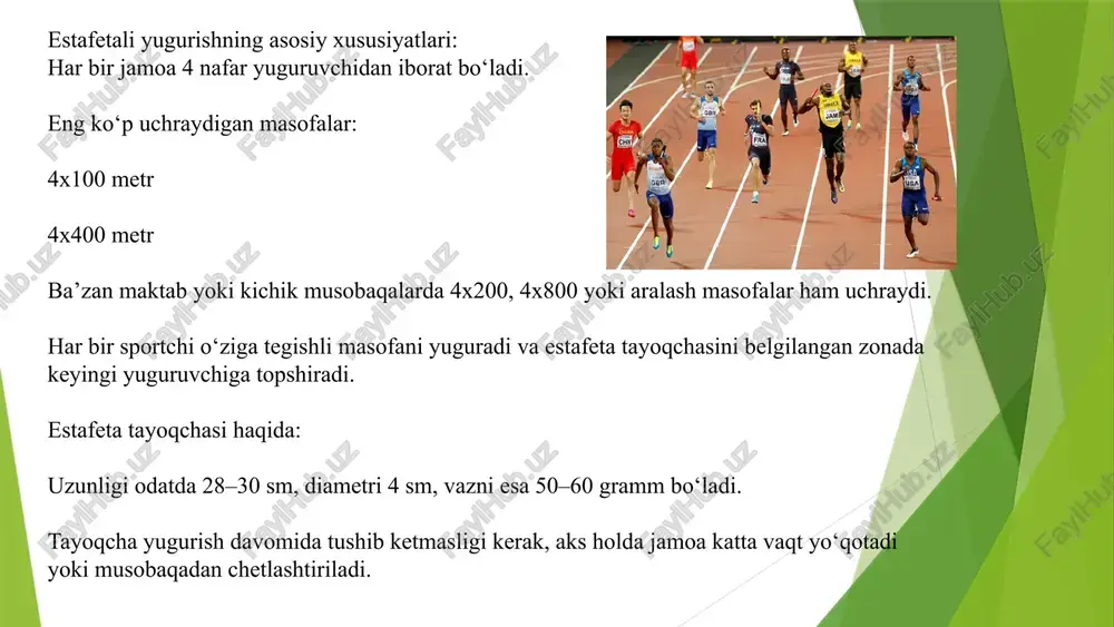 r bir jamoa to‘rt nafar yuguruvchidan iborat bo‘lib, ular navbatma-navbat belgilangan masofani bosib o‘tadilar. har bir ishtirokchi o‘z masofasini yugurib o‘tganidan so‘ng, estafeta tayoqchasini keyingi yuguruvchiga topshiradi. tayoqcha topshirish maxsus 20 metrli zona ichida amalga oshirilishi shart. ushbu zonadan oldin yoki keyin tayoqchani topshirish qoidabuzarlik hisoblanadi va jamoa musobaqadan chetlashtiriladi. estafeta tayoqchasi yugurish davomida tushib ketmasligi kerak. agar tayoqcha yerga tushsa, faqat shu yuguruvchi uni olib, yo‘lni davom ettiradi. tayoqchani topshirishda harakat to‘xtatilmaydi, yuguruvchi orqaga qarab tayoqchani uzatadi, qabul qiluvchi esa yugurish tezligini kamaytirmasdan uni oladi. har bir yuguruvchi o‘z belgilangan yo‘lakchasida yugurishi va raqibga xalaqit bermasligi lozim. 6 estafetali yugurishda g‘olib jamoa tayoqchani oxirgi yuguruvchi bilan birinchi bo‘lib marradan o‘tkazgan jamoa hisoblanadi. natija tayoqchaning marradan o‘tgan paytidagi aniq vaqt bilan belgilanadi. estafetani o‘tkazish qoidalariga to‘liq rioya etish jamoaning natijasini yaxshilash, adolatli musobaqa muhitini ta’minlash va sportchilar o‘rtasida o‘zaro ishonch hamda hamjihatlikni kuchaytirishga xizmat qiladi. 3. estafetali yugurishda xavfsizlik qoidasi …