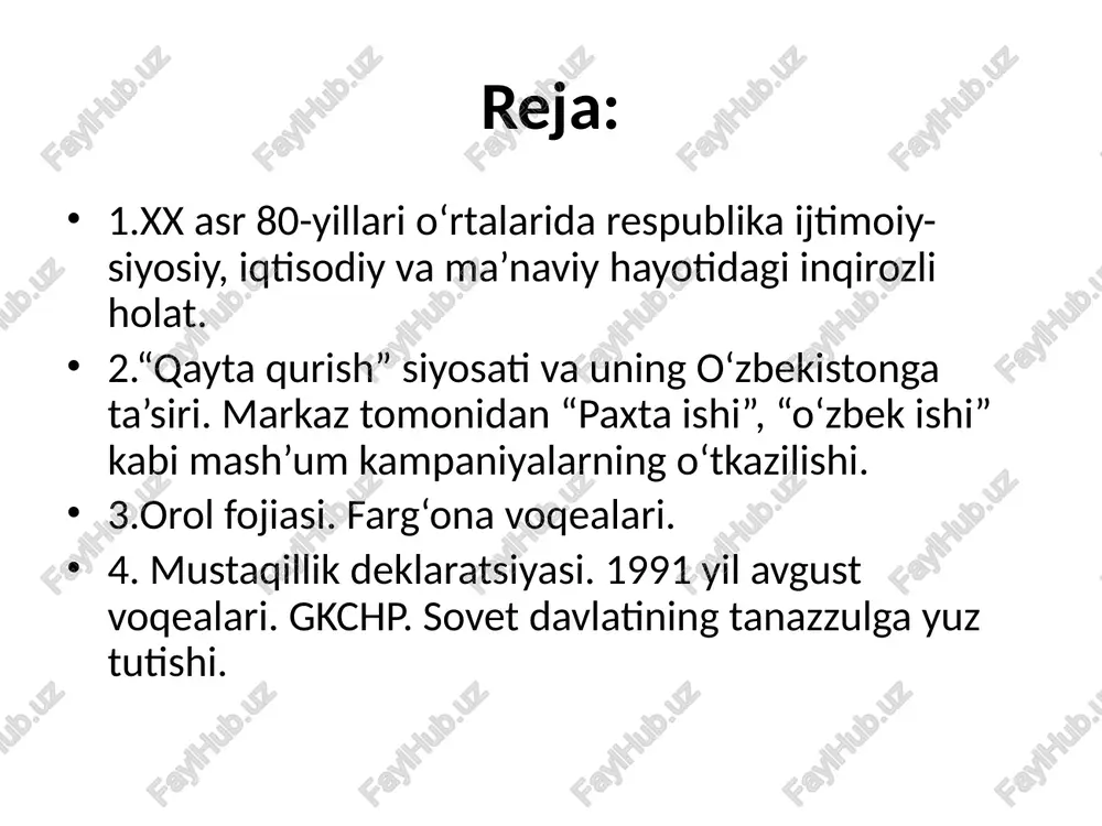 ustahkamlash tarafdorimiz». 1990 24 martda prezidentlik institutining ta’sis etilishi demokratiya yo’lida qo’yilgan asosiy qadamlardan bo’ldi. farg‘ona voqealari. 1989-yilning mayida farg‘onada o‘zbeklar va mesxeti turklari o‘rtasida dahshatli qirg‘inga aylangan ommaviy to‘qnashuvlar boshlanib ketdi, butun farg‘ona olov ichida qoldi. ziddiyat to‘lqini o‘sha kezlar respublika aholisining qariyb yarmi yashayotgan farg‘ona vodiysini butunlay o‘z domiga olishi mumkin edi. farg‘ona hodisalari payti 100 dan ziyod kishi qurbon bo‘ldi, mingga yaqin inson jarohatlandi. ‹#› farg’ona fojeasi– sovet mustabid tuzumining o’zbekistonda yuritgan qabohatli siyosatining oqibati i.karimov – o‘zbekistonning birinchi prezidenti 1990 yil 20 iyunda o‘zbekiston oliy sovetining 12-chaqiriq ii –sessiyasida “mustaqillik deklaratsiyasi qabul qilindi”. 12 moddadan iborat ushbu dekloratsiyada davlat mustaqilligining asosiy tamoyillari mustahkamlab qo‘yildi. o‘zbekiston respublikasi oliy kengashi 1990-yil 20-iyunda sobiq sssr tarkibiga kiritilgan respublikalar ichida birinchilardan bo‘lib «mustaqillik deklaratsiyasi»ni qabul qildi. bu hujjatning tarixiy ahamiyati shundan iboratki, u o‘zbek davlatchiligi tarixidagi birinchi tinch yo‘l bilan o‘z taqdirini o‘zi belgilash huquqi to‘g‘risidagi hujjat edi. unga ko‘ra, …