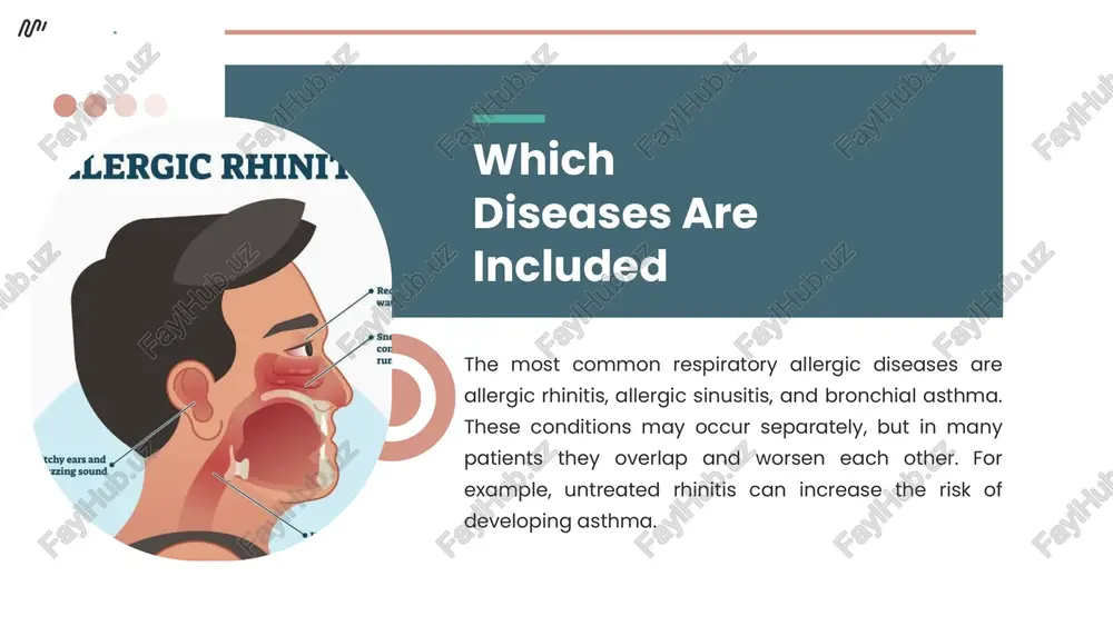 ment antihistamines relieve sneezing and itching, while corticosteroid sprays or inhalers reduce airway inflammation. bronchodilators are used in asthma to improve breathing. allergen immunotherapy can be prescribed in selected cases to build long-term tolerance. prophylaxis (prevention) preventive measures include cleaning living areas regularly, using air filters, and avoiding pets or smoke when they are triggers. healthy lifestyle habits, such as regular exercise and balanced nutrition, strengthen the immune system. early detection and proper treatment help avoid severe forms of respiratory allergy. 1. antihistamines (reduce sneezing, runny nose, itching): cetirizine (zyrtec) loratadine (claritin) fexofenadine (allegra) diphenhydramine (benadryl – but often causes drowsiness) 2. corticosteroid sprays or inhalers (reduce airway inflammation): nasal sprays: fluticasone (flonase), mometasone (nasonex) inhalers: budesonide (pulmicort), beclomethasone, fluticasone (flovent) 3. bronchodilators (open the airways in asthma): short-acting: salbutamol / albuterol (ventolin) long-acting: salmeterol, formoterol 4. allergen immunotherapy (given for long-term tolerance): subcutaneous immunotherapy (scit): allergy shots for pollen, …