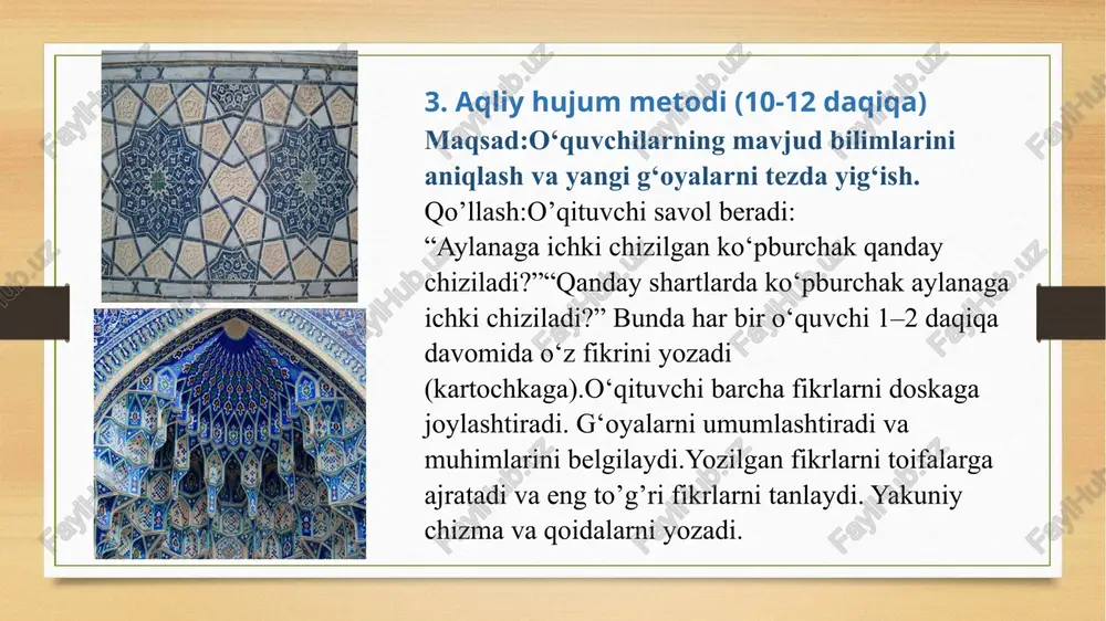 o‘rtburchakning to‘rtta tomoni a, b, c va d ga teng. uning diagonallarini toping. 6. mustahkamlash va baholash (4-6 daqiqa) xulosa: aylana ichiga chizilgan uchburchakning barcha uchlari aylana ustida joylashadi. aylana ichiga chizilgan to‘rtburchakda qarama-qarshi burchaklar yig‘indisi 180° bo‘ladi. har ikki shaklda radiuslar uch nuqtalargacha teng masofada joylashadi. baholash usuli: aqli hujumdagi faollik – 30% klasterdagi ishtirok – 30% amaliy mashq va xulosa – 40% “exit ticket” savollar: aylana ichiga chizilgan to‘rtburchakning qanday xossasi mavjud? uchburchakning ichki markazi qayerda joylashgan. image7.png image8.png image9.png image10.png image11.png image12.png image13.png image14.png image15.png image16.png image17.png image18.png image19.png image20.jpeg image21.jpeg image3.png image4.png /docprops/thumbnail.jpeg