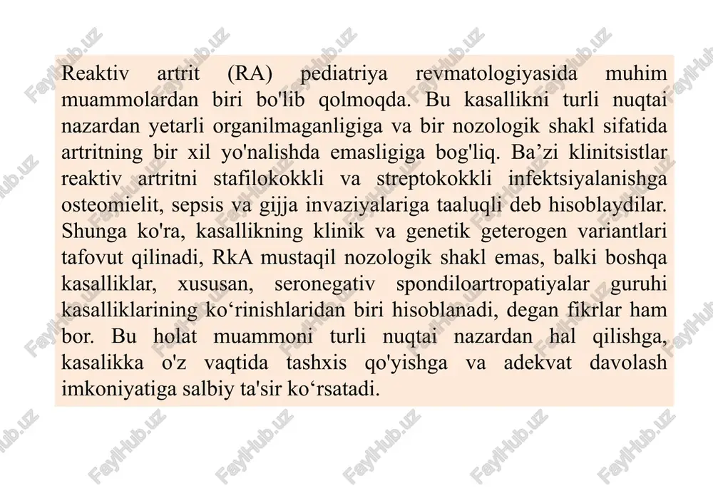 bilan boshlanadi; patologik jarayonga yangi bo'g'imlarning jalb qilinishi va bo'gim sindromining shakllanishi kasallik boshlangandan so‘ng 7-45 kun davomida yuzaga keladi. boshqa bolalarda a’zo va sistemalar tomonidan yallig‘lanish o‘zgarishlari bo'g'im zararlanishlari bilan birga yoki 1-3 xaftadan so‘ng paydo bo'ladi. ko‘pincha (19% bemorlarda) artritdan oldin konyuktivit yoki uretrit (2-14 kun oldin) belgilari namoyon bo‘ladi. reaktiv artrit klinikasi minimal: anamnestik ma’lumotlarni, shuningdek artritdan oldin bo'lgan kasallik xususiyatlarining va bolaning naslini taxlil qilish va baxolash; -teri va shilliq pardalar zararlanishi, vistseralni aniqlash va baxolash; qon klinik taxlili; najasning bakteriologik taxlili. maksimal: qon biokimyoviy taxlili: oqsil va oqsil fraktsiyalari, sial kislotalar, revmatoid omil, billirubin va transaminazalar, xolesterin, kreatinin, kaltsiy, fosfor, - asl-), le - xujayralar titri: - tomoqdan a guruxidagi β gemolitik streptokokkni aniqļash uchun surtma olish; immunogramma; najasni bakteriologik taxlili; xlamidiyani aniqlash uchun siydik taxlili, vulvadan surtma olish; zararlangan va simmetrik bo‘g‘imlar rentgenogrammasi, ekg, bo‘g‘im punktsiyasi. reaktiv artrit differensial diagnostikasi belgilar reaktiv artrit revmatoid …