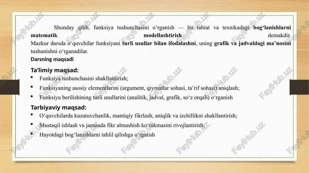 yidagi funksiyalarni formula orqali ifodalang: kvadrat funksiyani yozing; sinusoidal funksiyani yozing; jadvaldan funksiya formulasini tiklang. 2️⃣ “funksiya hayotda” mavzusida 5 ta misol yozing (masalan: haroratning o‘zgarishi, mashina tezligi, elektr toki, suv bosimi, pul miqdori vaqtdan bog‘liq). image7.png image8.png image3.png image4.png /docprops/thumbnail.jpeg