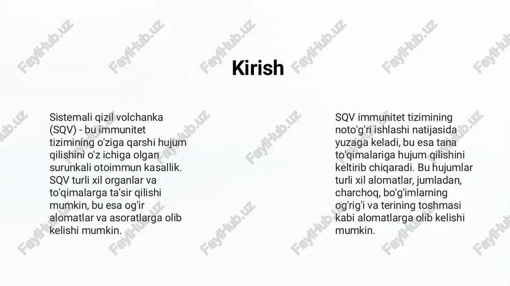 atlarini kamaytiradi • immunosupressiv dorilar • azatioprin, siklofosfamid, mikofenolat mofetil, siklosporin — og‘ir organ zararlanishi (masalan, lupus nefriti) bo‘lsa qo‘llanadi • buyrak, markaziy asab tizimi yoki boshqa tizimli zararlanishlarda samarali • nosteroid yallig‘lanishga qarshi dorilar (nsaid)— bo‘g‘im og‘rig‘i va yallig‘lanishida yordam beradi, lekin buyrak va oshqozon yon ta’sirlariga ehtiyot bo‘lish kerak • antikoagulyantlar — agar antiphospholipid sindrom bo‘lsa yoki tromb holatlari mavjud bo‘lsa • antibiotiklar— infektsiyalarni davolash uchun