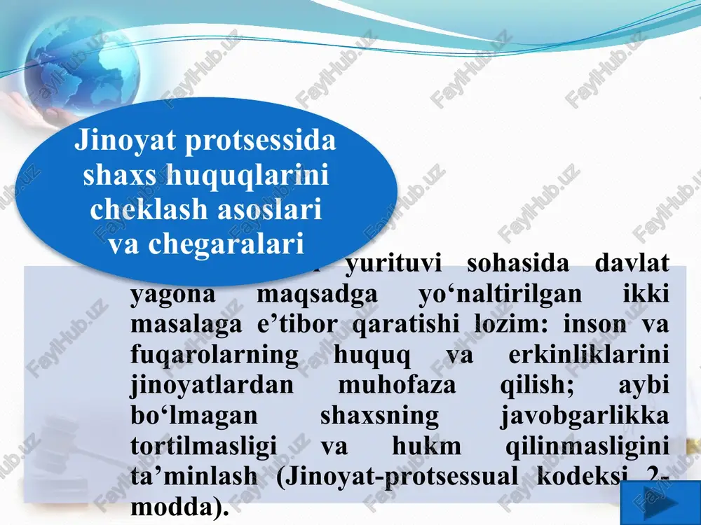aldagi jinoyat-protsessual qonunchilikka ko‘ra, u ayblanuvchi, sudlanuvchi, guvoh, ekspert, xolis va tarjimonlarga nisbatan ular tomonidan tegishli majburiyatlar bajarilmagan holatlarda qo‘llaniladi. majburiy keltirish jinoyat-protsessual kodeksining 262-moddasiga binoan, majburiy keltirish gumon qilinuvchi, ayblanuvchi, sudlanuvchi, jabrlanuvchi va guvohning protsessual harakatlarda yoki sud majlisida ishtirok etishini ta’minlash uchun, faqatgina bir holatda - basharti, ular uzrsiz sabablarga ko‘ra kelishdan bosh tortganligi aniqlangan taqdirda qo‘llaniladi. majburiy keltirish sud-tibbiyot yoxud sud-psixiatriya ekspertizasini o‘tkazishda statsionar kuzatuv zarurati bo ‘lsa, prokuror, tergovchi shaxsni tibbiy muassasaga joylashtirish to‘g‘risida iltimosnoma qo‘zg‘atish haqida mazkur protsessual majburlov chorasini qo‘llash asoslarini bayon etgan holda qaror chiqaradi. ushbu chiqarilgan qaror prokuror tomonidan o ‘rganib chiqilib, sudga iltimosnoma kiritish yoki kiritmaslik masalasi hal qilinadi. shaxsni tibbiy muassasaga joylashtirish mazkur jarayonda prokuror shaxsni tibbiy muassasaga joylashtirish to‘g ‘risidagi iltimosnomaning asosliligini tekshirib, unga rozi bo‘lgan taqdirda, shaxsni tibbiy muassasagajoylashtirish to‘g‘risida iltimosnoma qo‘zg‘atish haqidagi qaror va zarur materiallarni sudga yuboradi. sudya shaxsni tibbiy muassasaga joylashtirish to‘g‘risidagi iltimosnomani ko‘rib chiqib, …