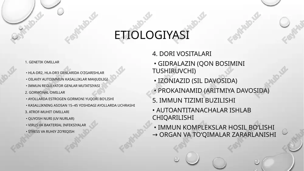 utoimmun jarayonni tezda nazorat qilish uchun asosiy dorilar. b) immunosupressiv dorila siklofosfamid • azatioprin • metotreksat • mikofenolat mofetil gormonal dorilar yetarli bo‘lmaganda yoki og‘ir holatlarda qo‘llaniladi (masalan, lupus nefriti). c) biologik terapiya (maqsadli davolash) • belimumab – b-limfotsitlarni faolligini kamaytiradi • rituksimab – immun tizimini chuqur bostiradi (og‘ir holatlarda) d) antimalaryal dorilar • gidroxloroxin (plaquenil) yoki xloroxin • teri toshmalari, artrit va fotosensitivlikni kamaytiradi • kasallikning yengil va o‘rta shakllarida asosiy dori hisoblanadi e) plazmaferez • qonda to‘plangan autoantitanachalar va immun komplekslarni tozalash usuli • og‘ir va dori bilan nazorat qilinmaydigan holatlarda qo‘llaniladi profilaktika 1. birlamchi profilaktika (kasallikni oldini olish) lupus rivojlanish xavfini kamaytirish uchun. • quyosh nurlaridan himoyalanish (spf 50+ krem ishlatish, soyabon yoki bosh kiyim kiyish) • infeksiyalarni vaqtida davolash va oldini olish • surunkali stressni kamaytirish, ruhiy barqarorlikni saqlash • dori vositalarini faqat shifokor nazorati ostida qabul qilish • sog‘lom turmush tarzi: • balanslangan ovqatlanish • …